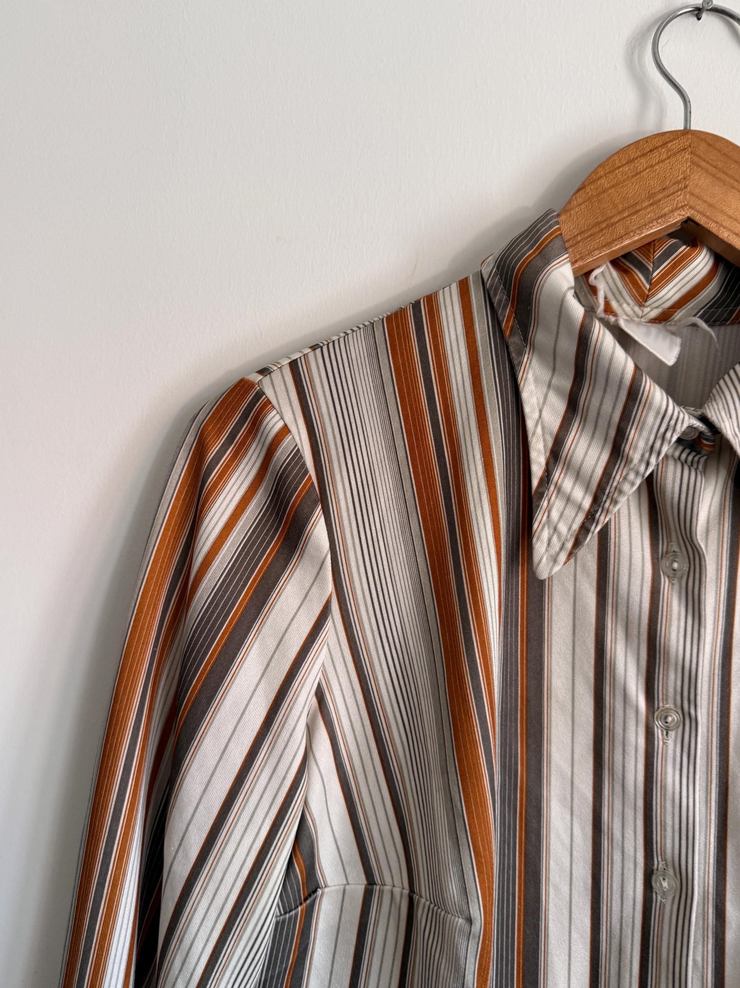 Vintage 1970s Striped Shirt | Brown Orange Stripe Blouse | Retro Disco Shirt | Pointed Collar Blouse | Smart Vintage Top