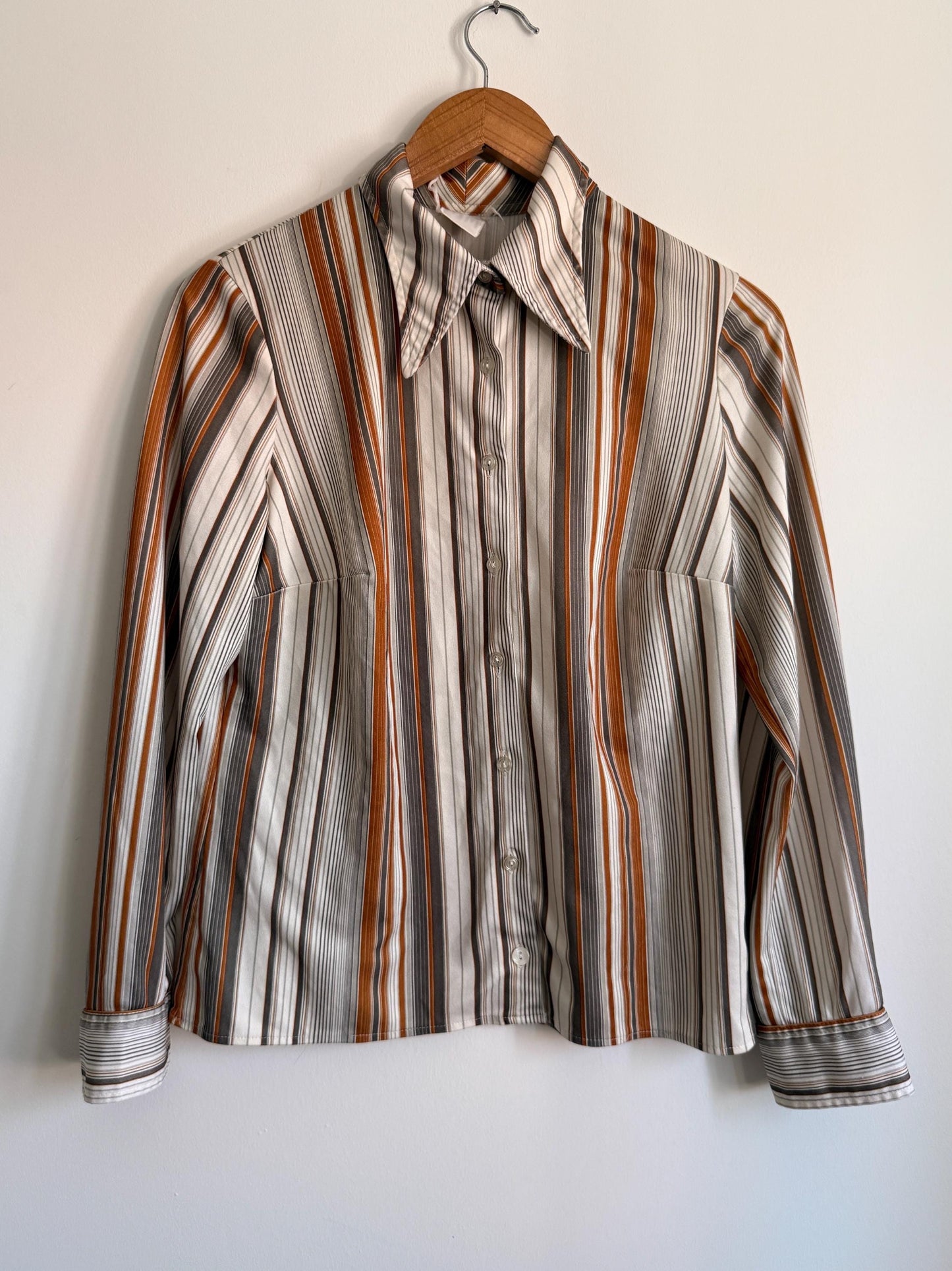 Vintage 1970s Striped Shirt | Brown Orange Stripe Blouse | Retro Disco Shirt | Pointed Collar Blouse | Smart Vintage Top