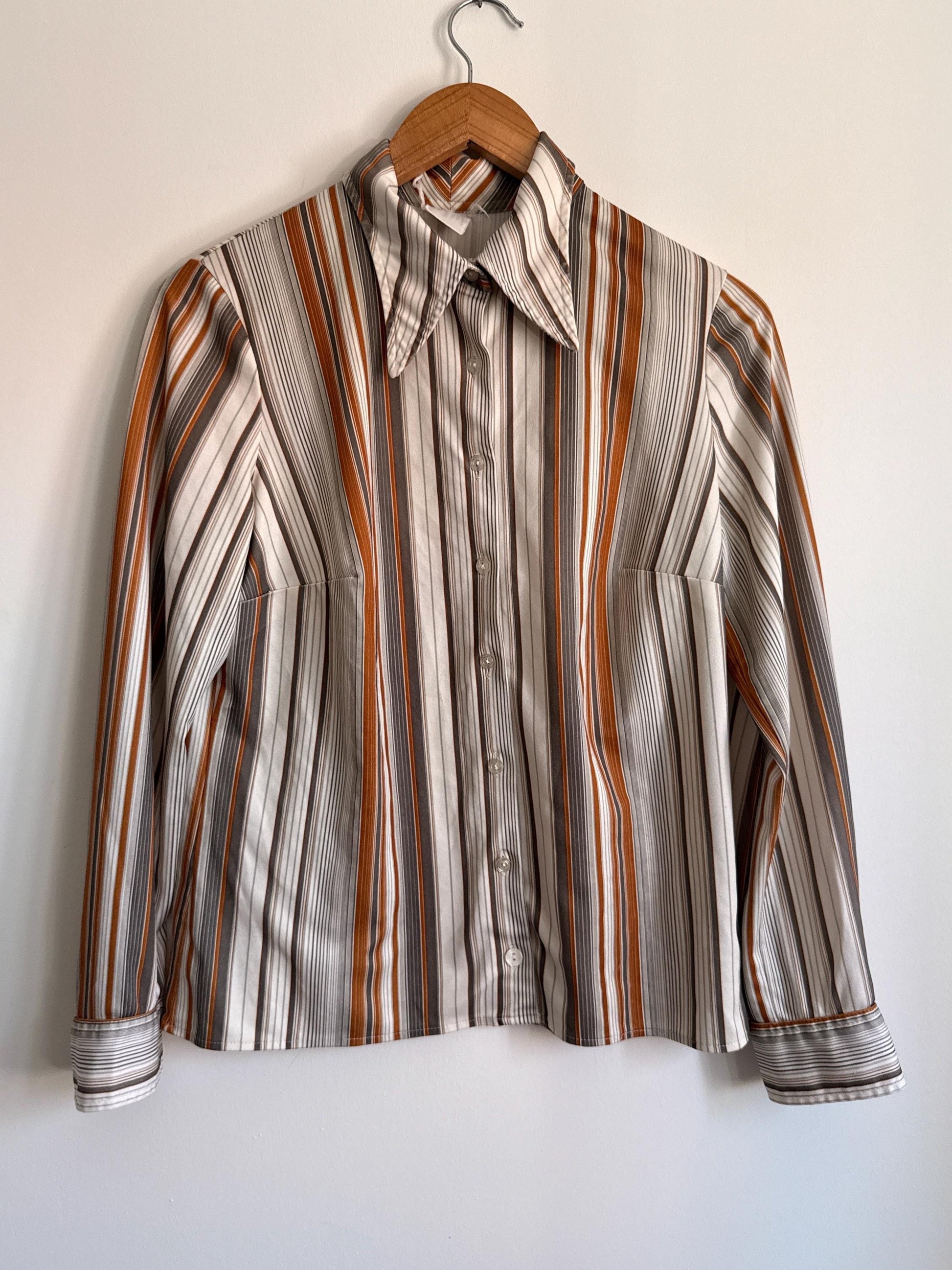 Vintage 1970s Striped Shirt | Brown Orange Stripe Blouse | Retro Disco Shirt | Pointed Collar Blouse | Smart Vintage Top