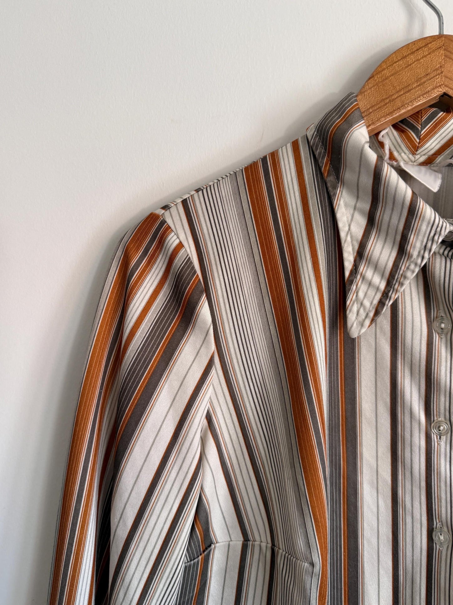 Vintage 1970s Striped Shirt | Brown Orange Stripe Blouse | Retro Disco Shirt | Pointed Collar Blouse | Smart Vintage Top