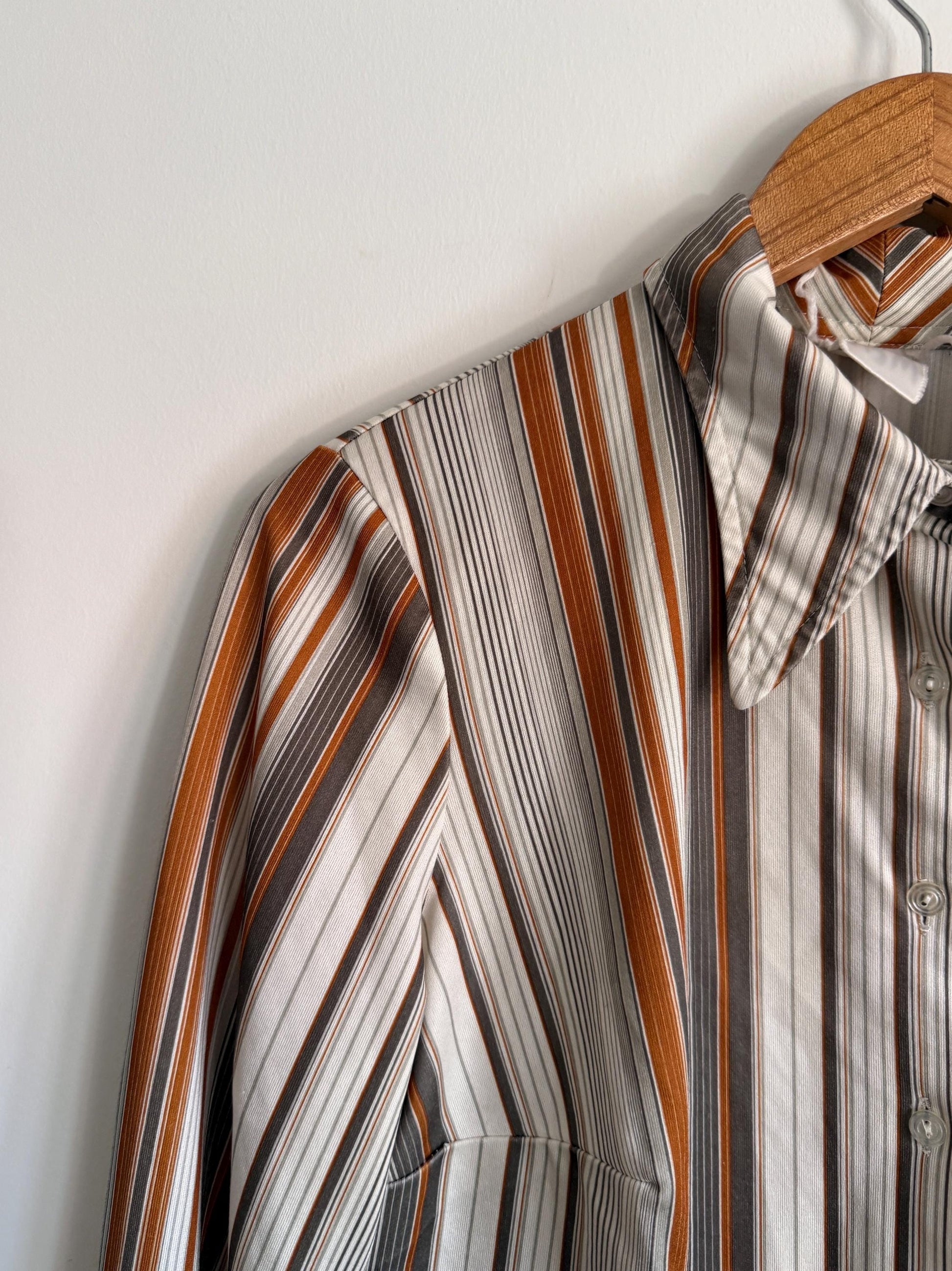 Vintage 1970s Striped Shirt | Brown Orange Stripe Blouse | Retro Disco Shirt | Pointed Collar Blouse | Smart Vintage Top