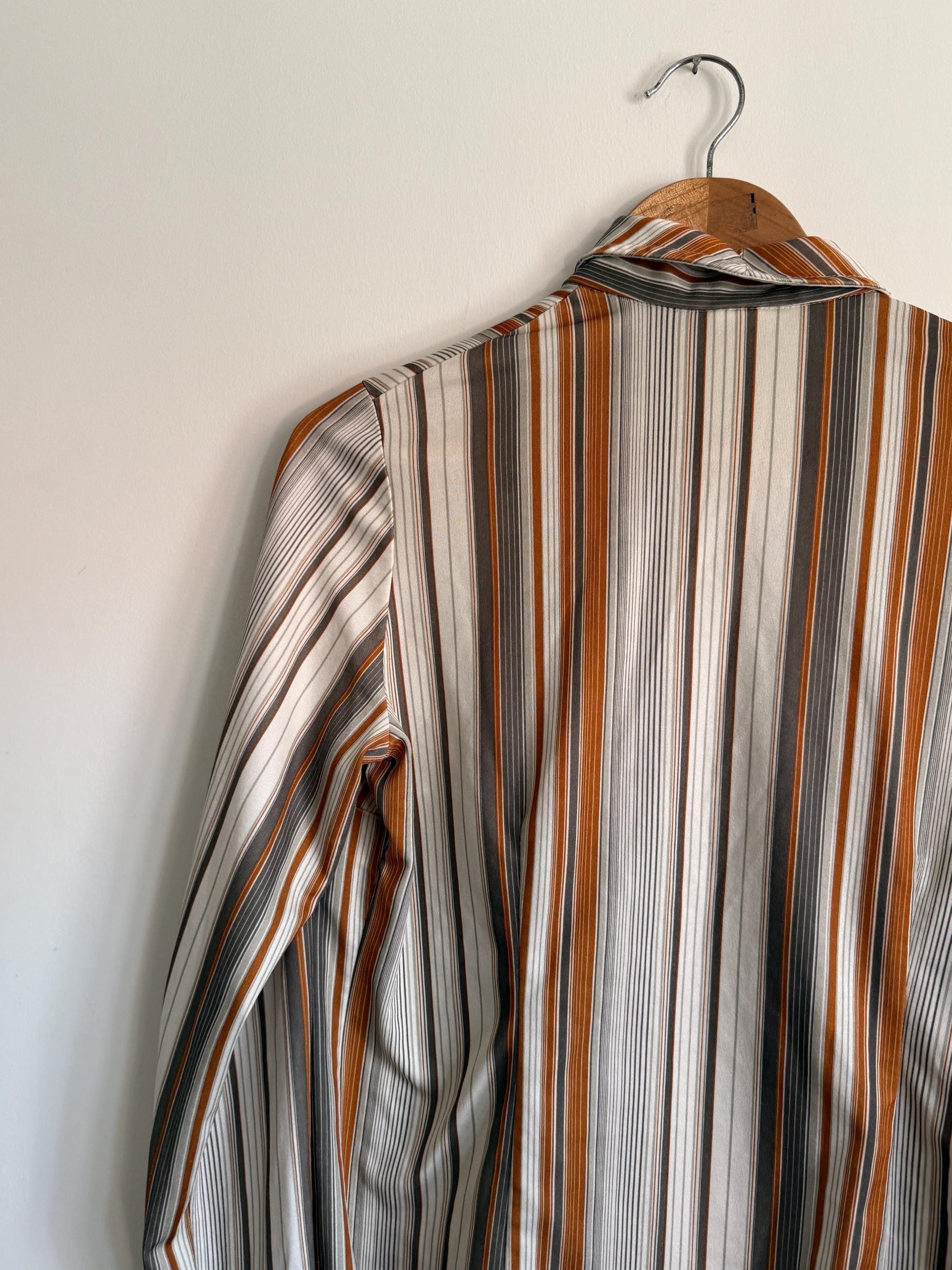 Vintage 1970s Striped Shirt | Brown Orange Stripe Blouse | Retro Disco Shirt | Pointed Collar Blouse | Smart Vintage Top
