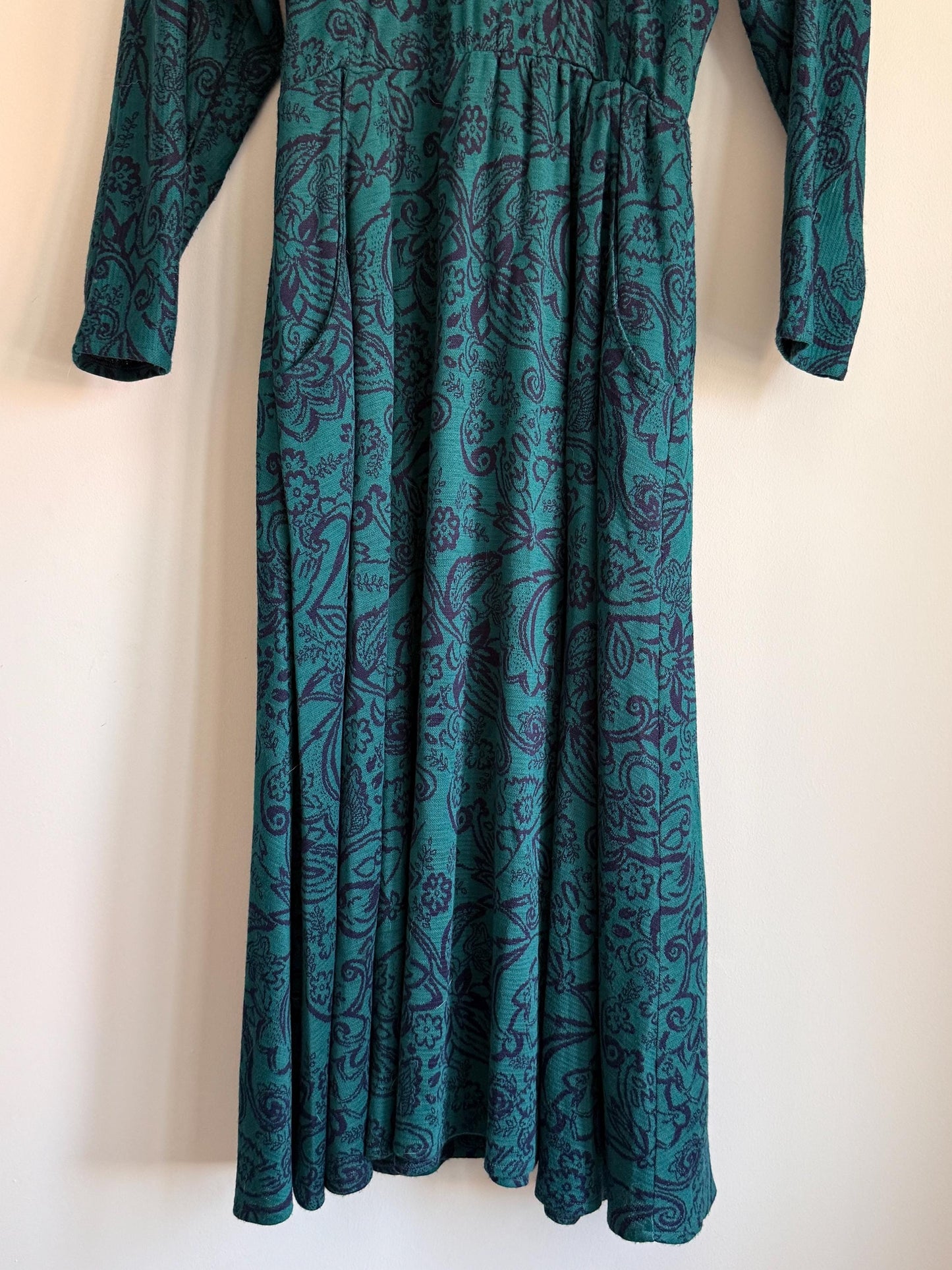 Vintage 1970s Teal Paisley Maxi Dress | Boho High Neck Long Sleeve