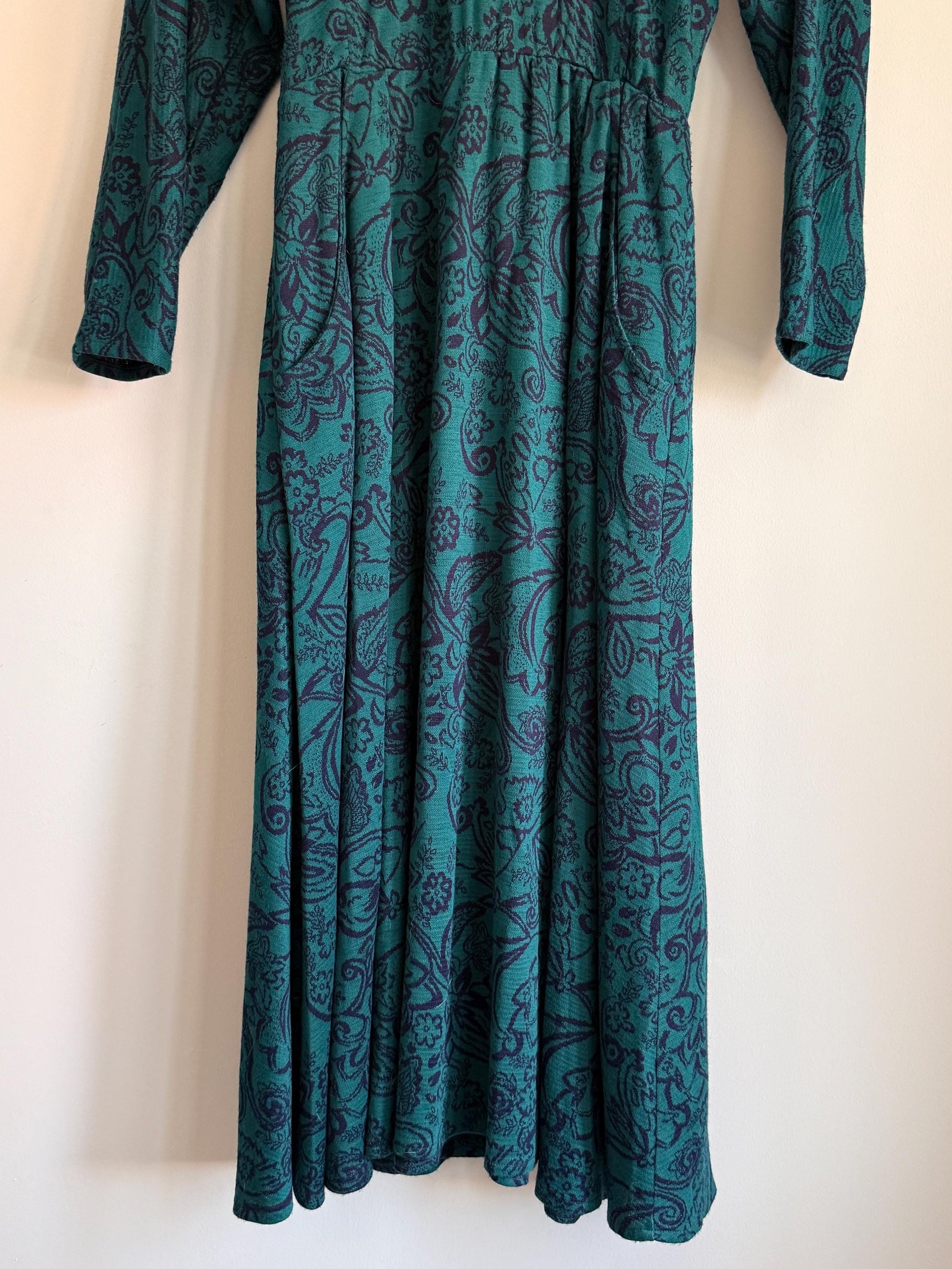 Vintage 1970s Teal Paisley Maxi Dress | Boho High Neck Long Sleeve