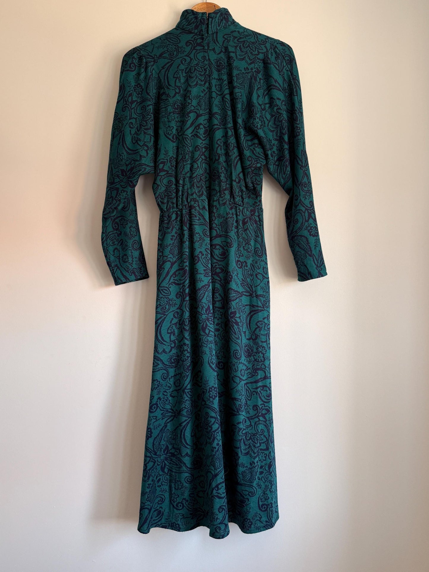 Vintage 1970s Teal Paisley Maxi Dress | Boho High Neck Long Sleeve