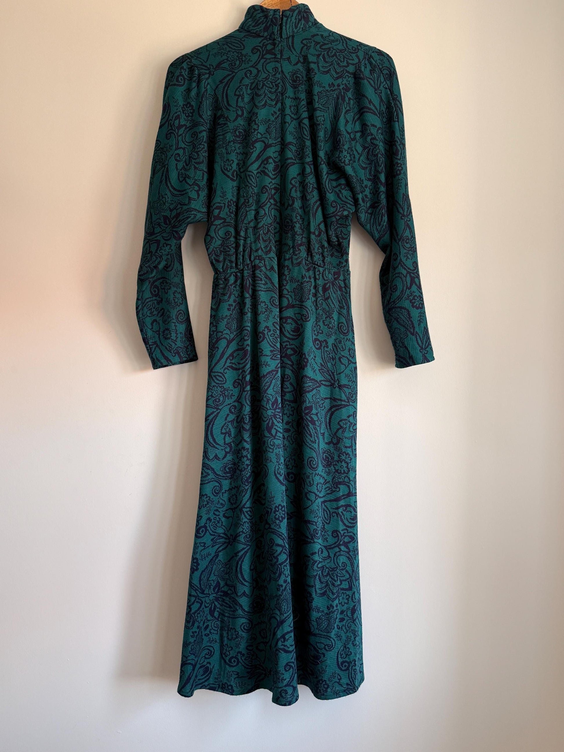 Vintage 1970s Teal Paisley Maxi Dress | Boho High Neck Long Sleeve