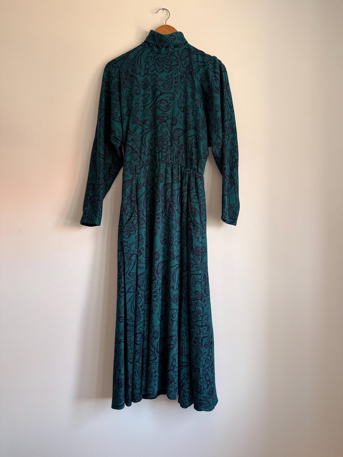 Vintage 1970s Teal Paisley Maxi Dress | Boho High Neck Long Sleeve