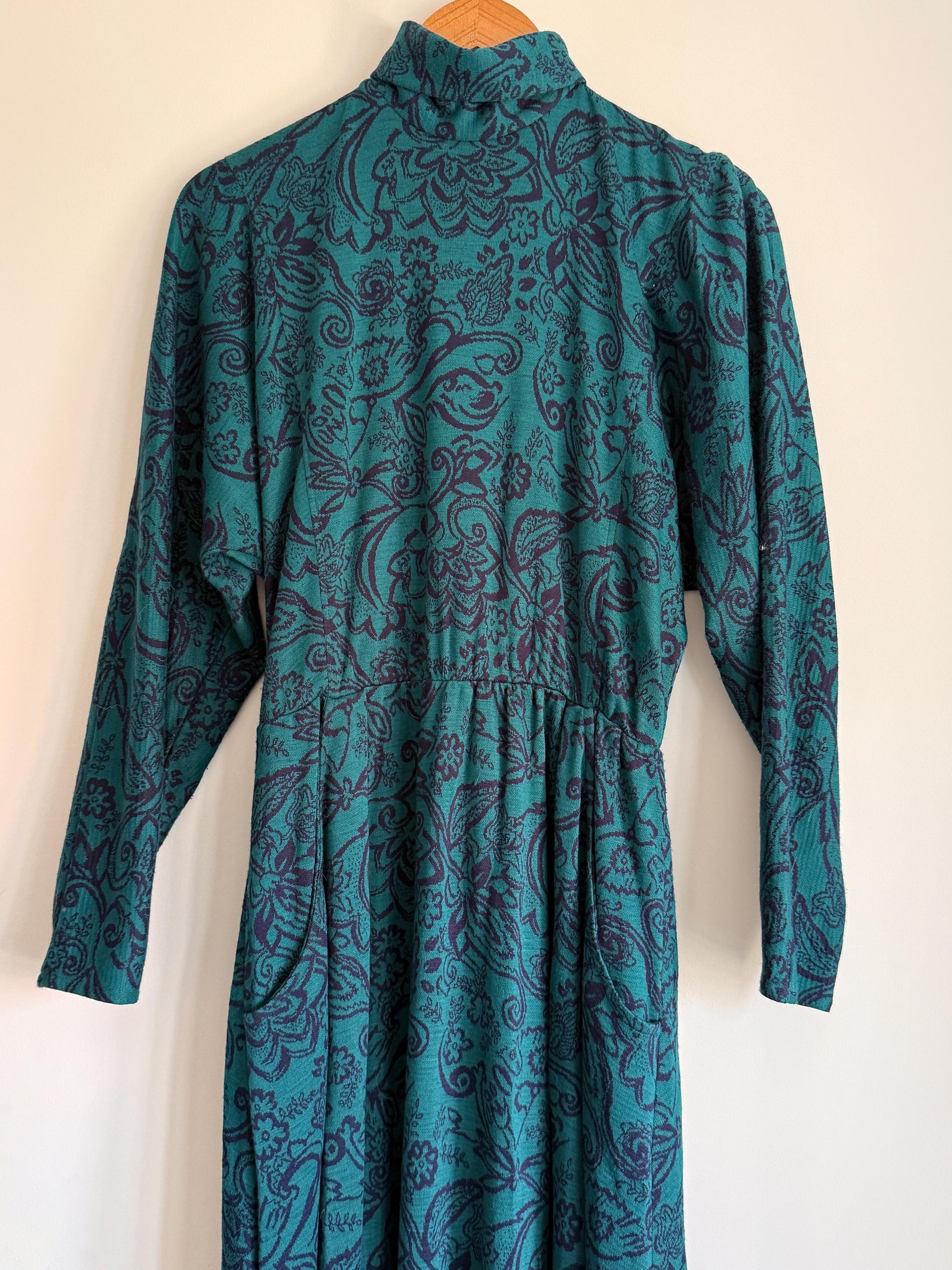 Vintage 1970s Teal Paisley Maxi Dress | Boho High Neck Long Sleeve