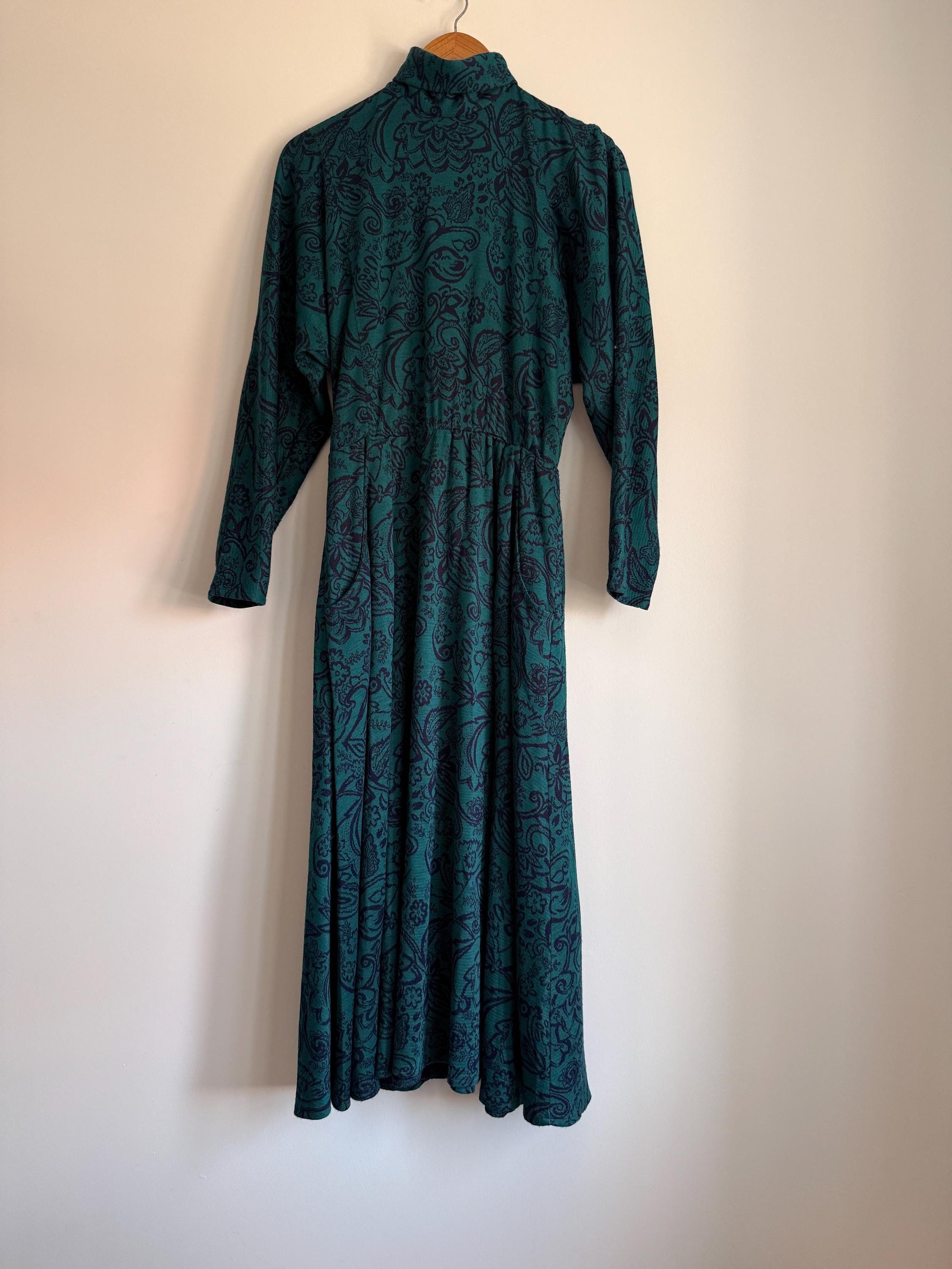 Vintage 1970s Teal Paisley Maxi Dress | Boho High Neck Long Sleeve