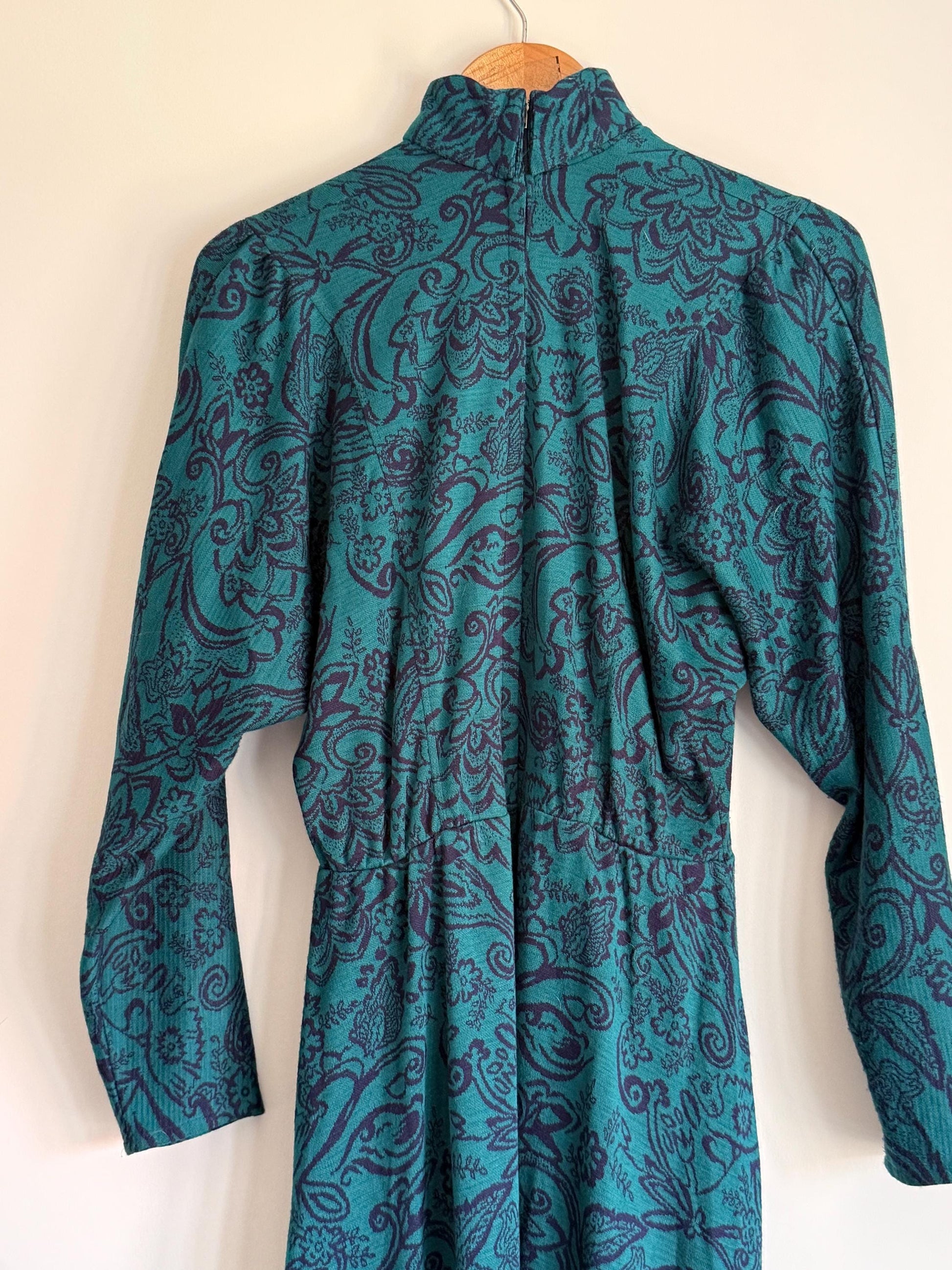Vintage 1970s Teal Paisley Maxi Dress | Boho High Neck Long Sleeve