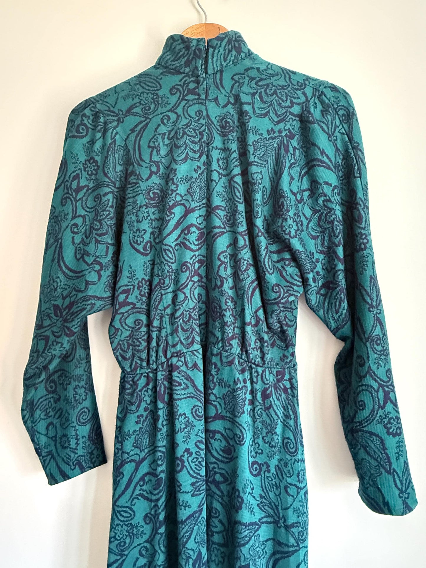 Vintage 1970s Teal Paisley Maxi Dress | Boho High Neck Long Sleeve