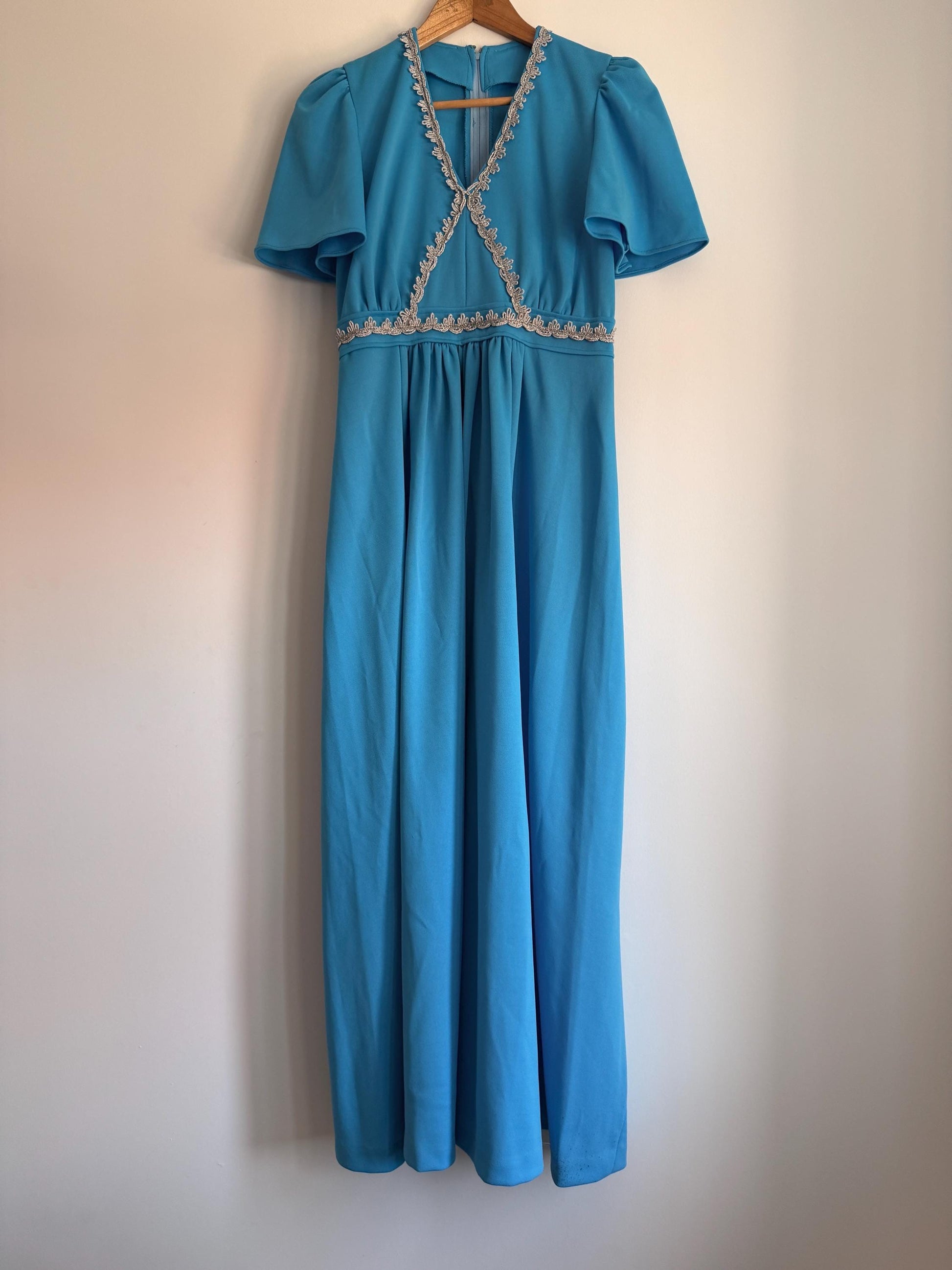 Vintage 1970s Turquoise Maxi Dress with Silver Trim | Empire Line Evening Gown