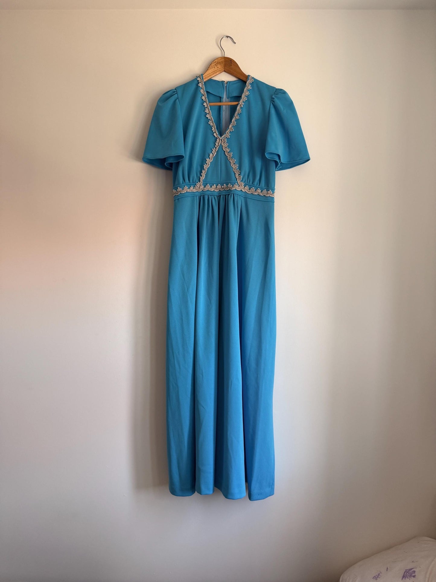 Vintage 1970s Turquoise Maxi Dress with Silver Trim | Empire Line Evening Gown