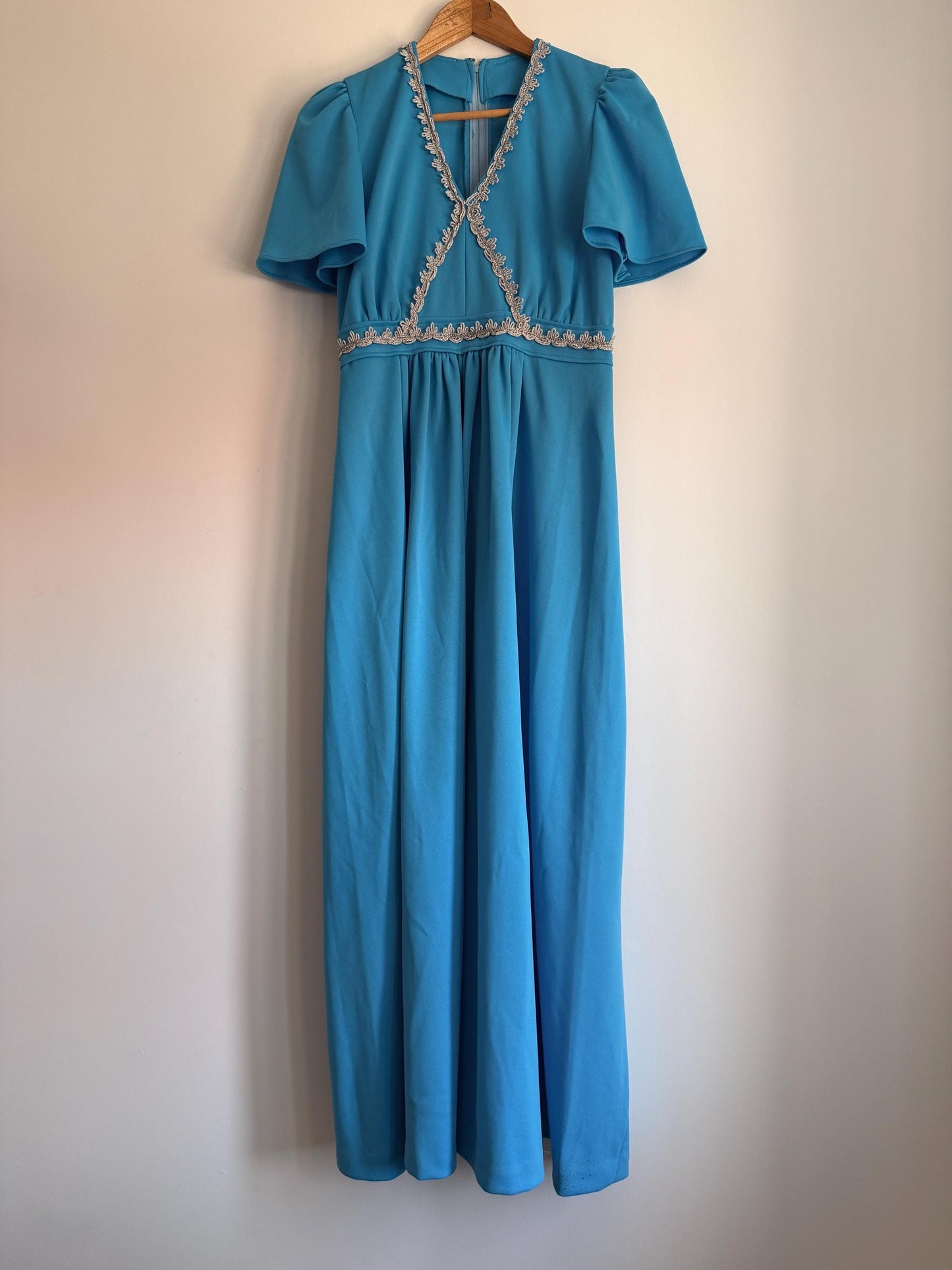 Vintage 1970s Turquoise Maxi Dress with Silver Trim | Empire Line Evening Gown