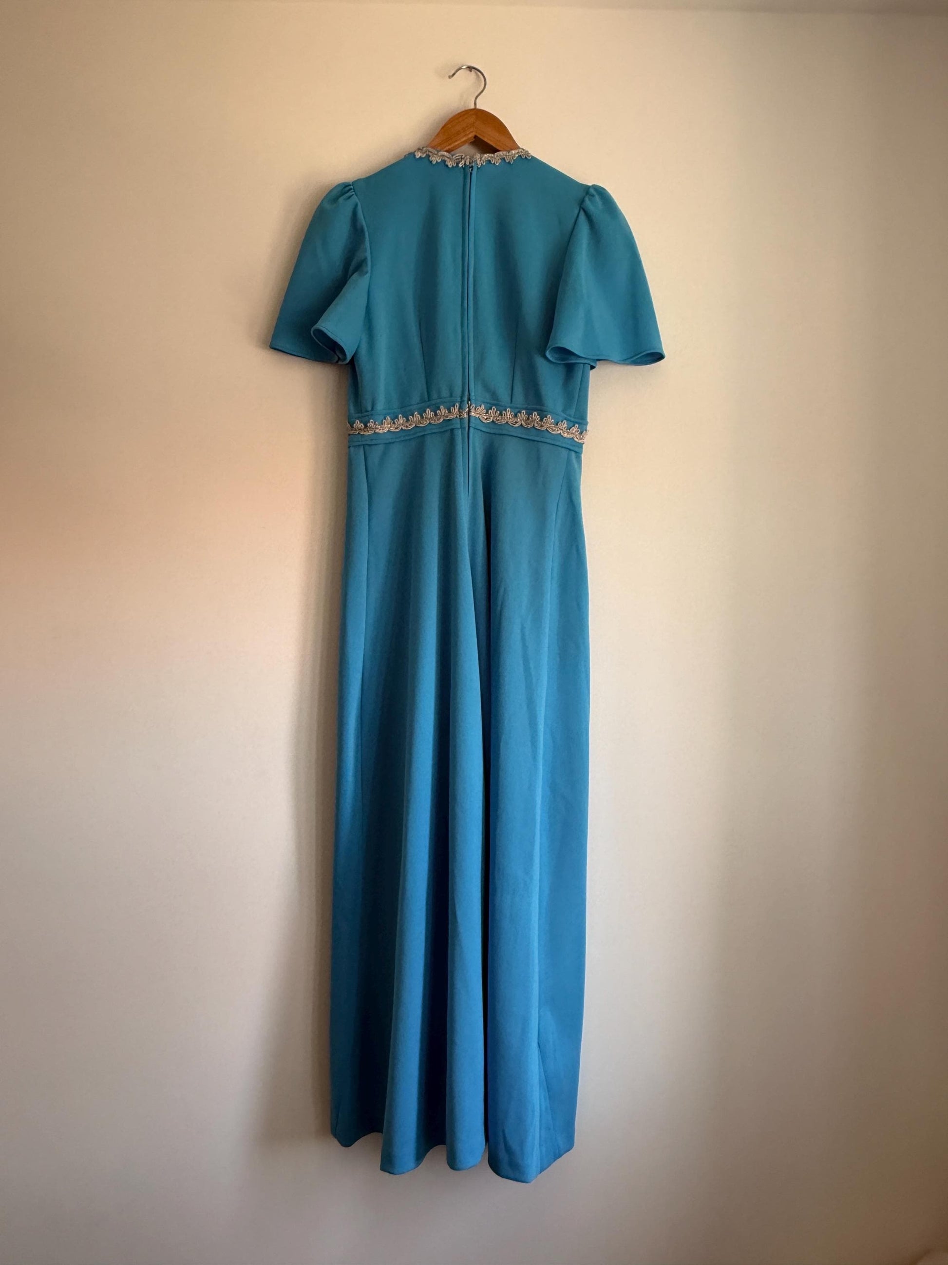 Vintage 1970s Turquoise Maxi Dress with Silver Trim | Empire Line Evening Gown