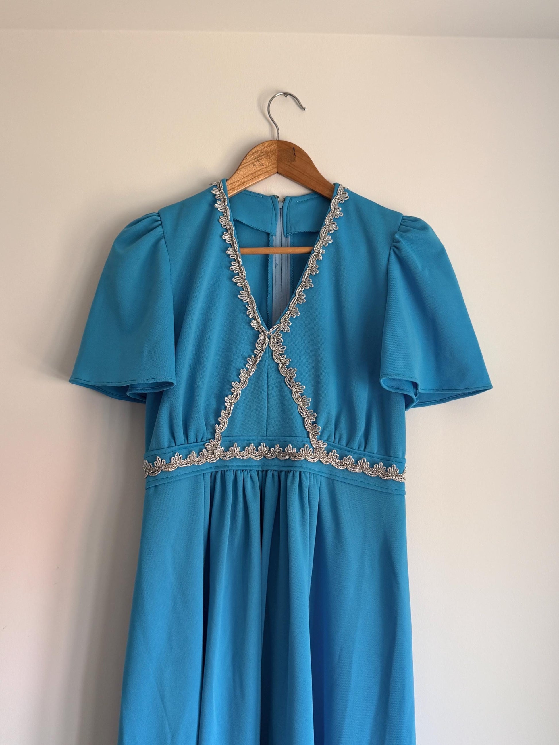 Vintage 1970s Turquoise Maxi Dress with Silver Trim | Empire Line Evening Gown