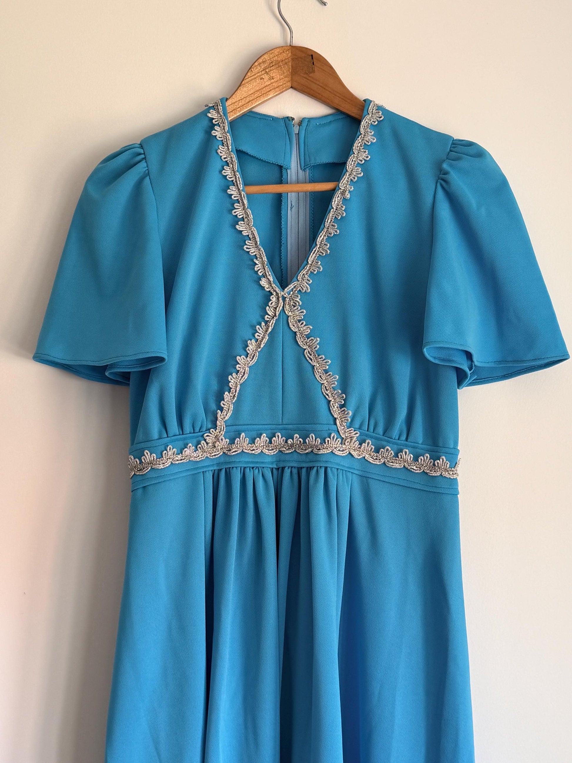 Vintage 1970s Turquoise Maxi Dress with Silver Trim | Empire Line Evening Gown