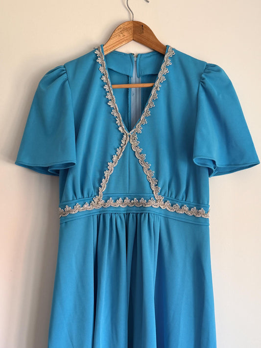 Vintage 1970s Turquoise Maxi Dress with Silver Trim | Empire Line Evening Gown