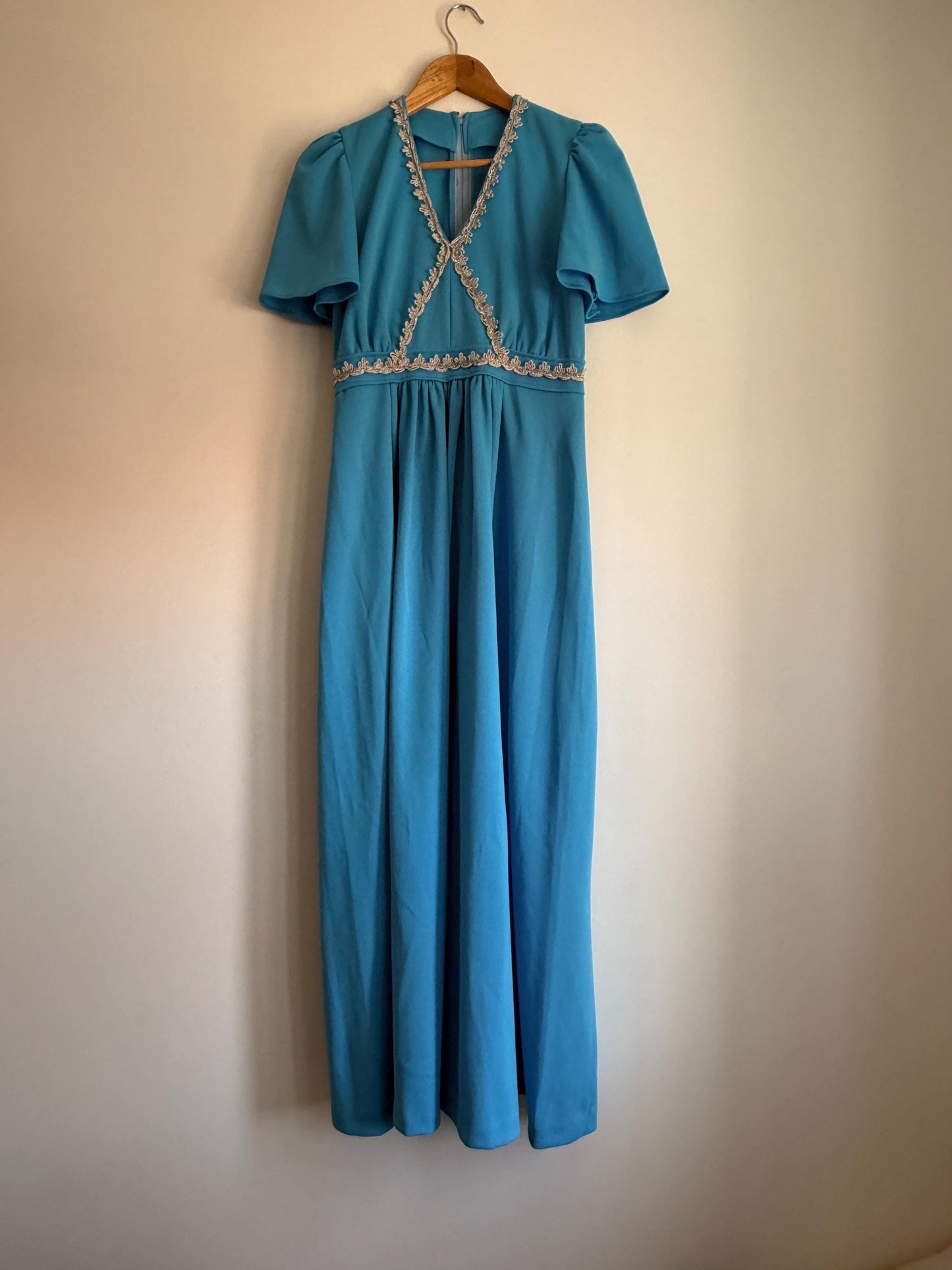 Vintage 1970s Turquoise Maxi Dress with Silver Trim | Empire Line Evening Gown