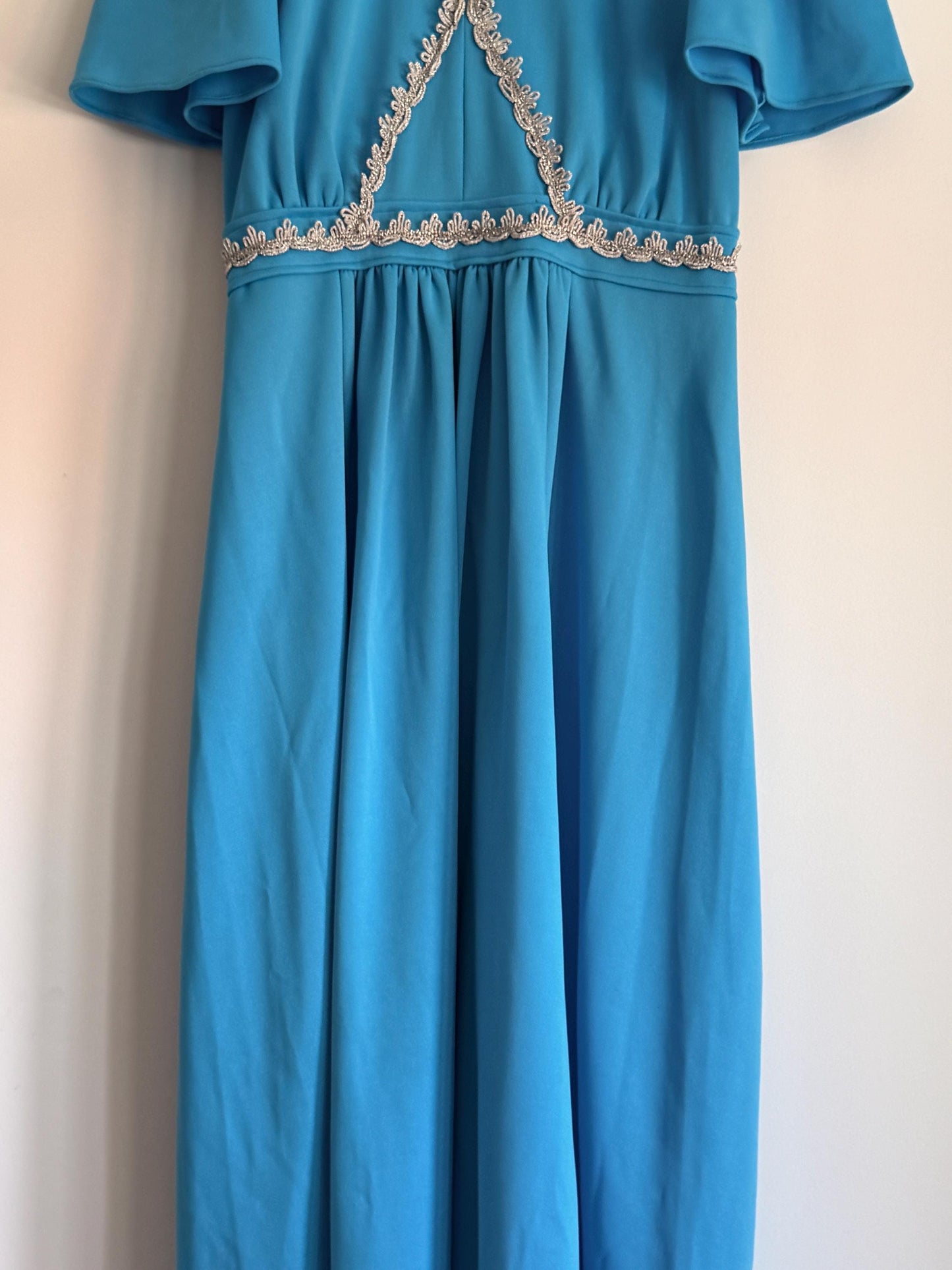 Vintage 1970s Turquoise Maxi Dress with Silver Trim | Empire Line Evening Gown