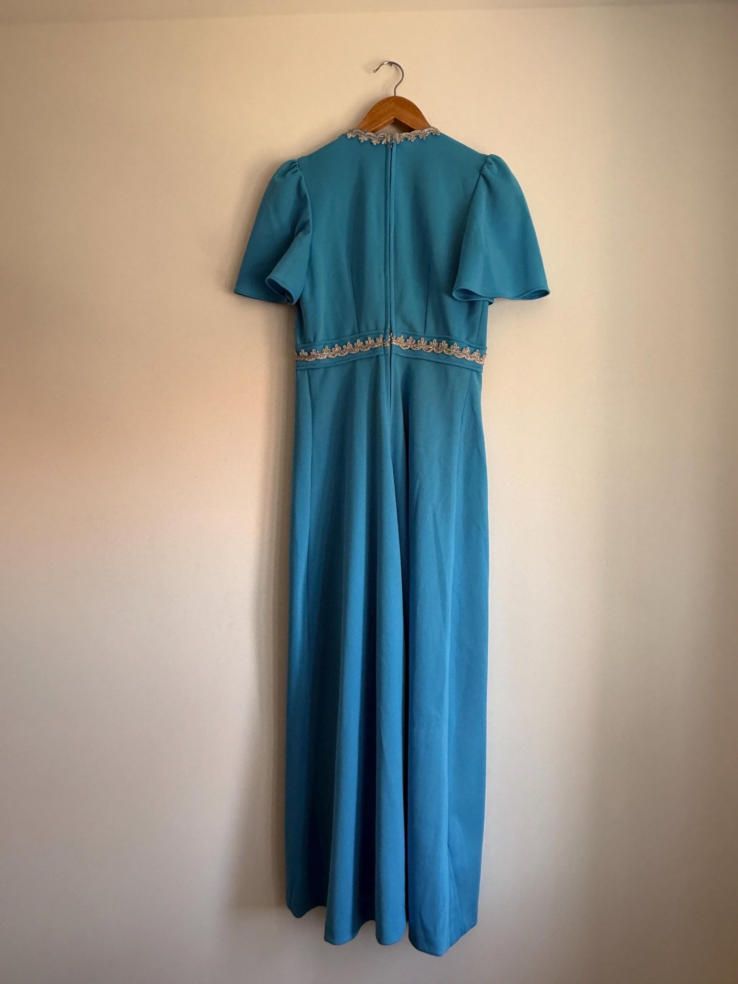Vintage 1970s Turquoise Maxi Dress with Silver Trim | Empire Line Evening Gown