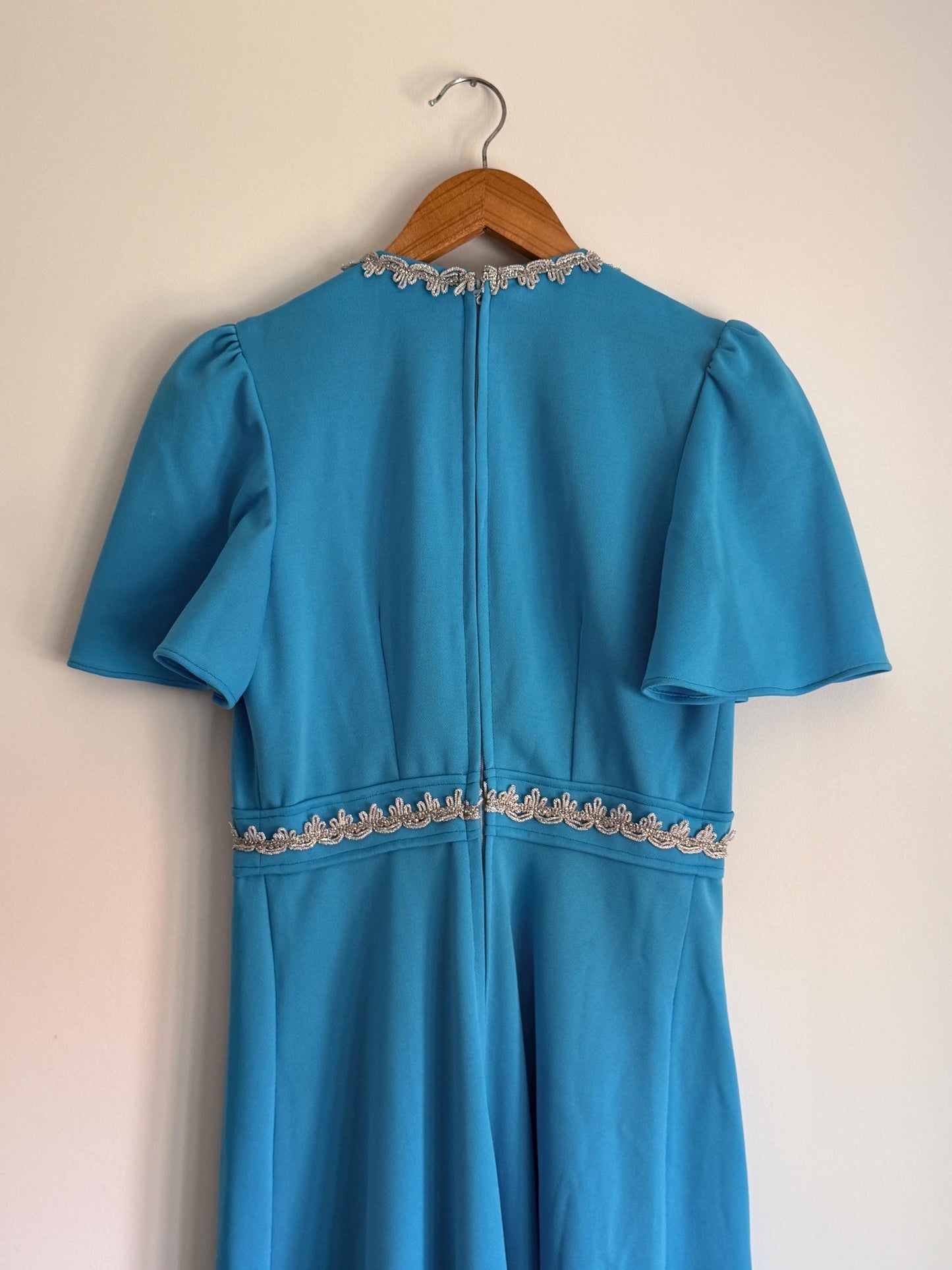 Vintage 1970s Turquoise Maxi Dress with Silver Trim | Empire Line Evening Gown