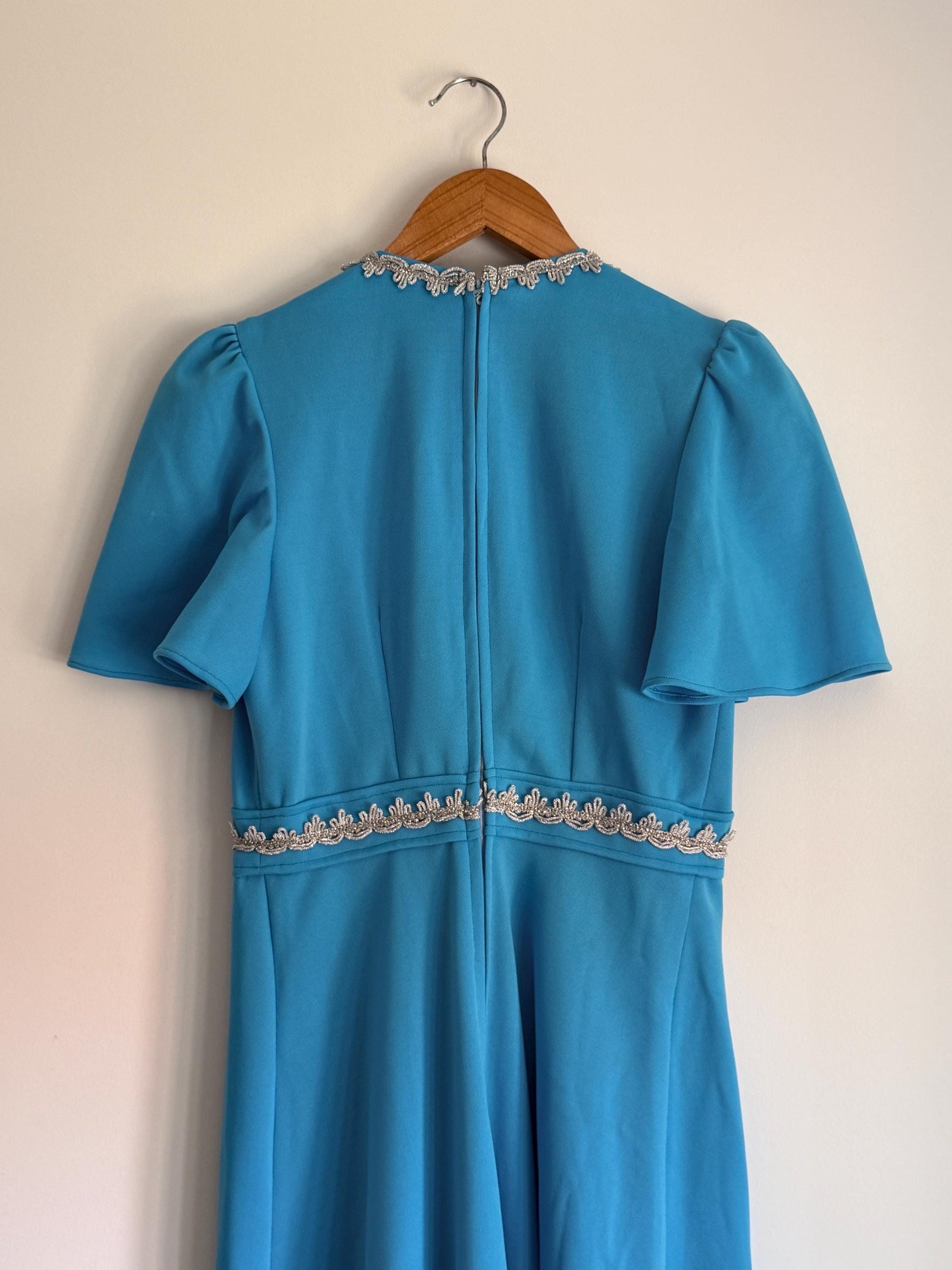 Vintage 1970s Turquoise Maxi Dress with Silver Trim | Empire Line Evening Gown
