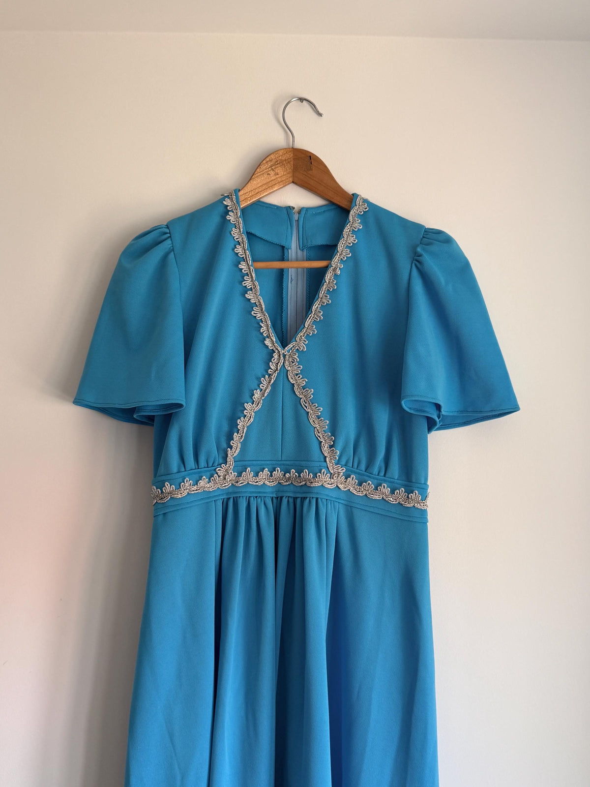Vintage 1970s Turquoise Maxi Dress with Silver Trim | Empire Line Evening Gown