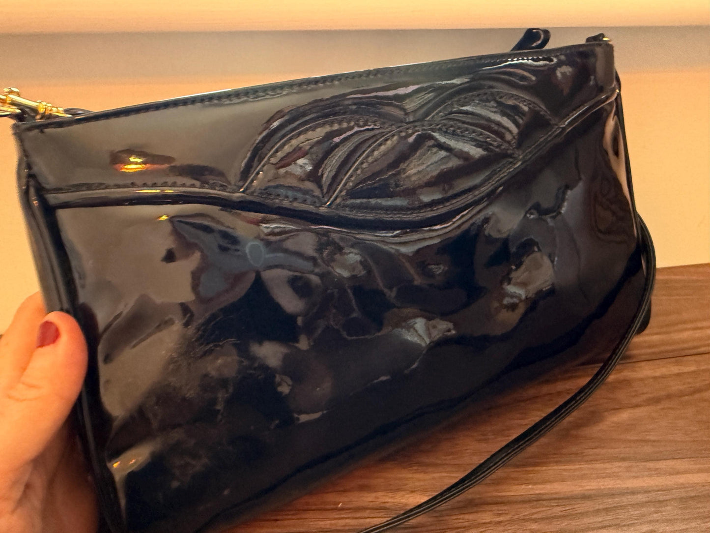 Vintage 1980s Debenhams Classics Black Patent Shoulder Bag – Glossy Evening Handbag