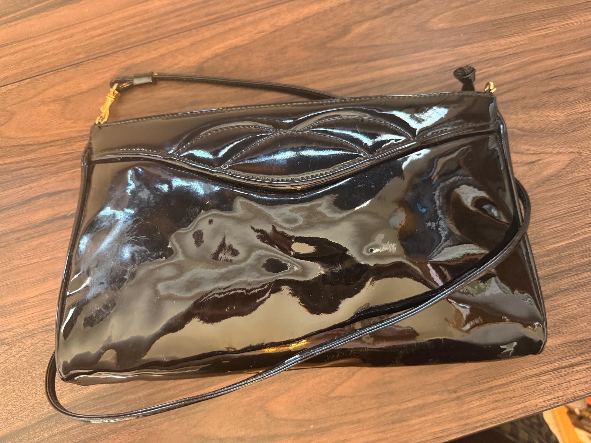 Vintage 1980s Debenhams Classics Black Patent Shoulder Bag – Glossy Evening Handbag