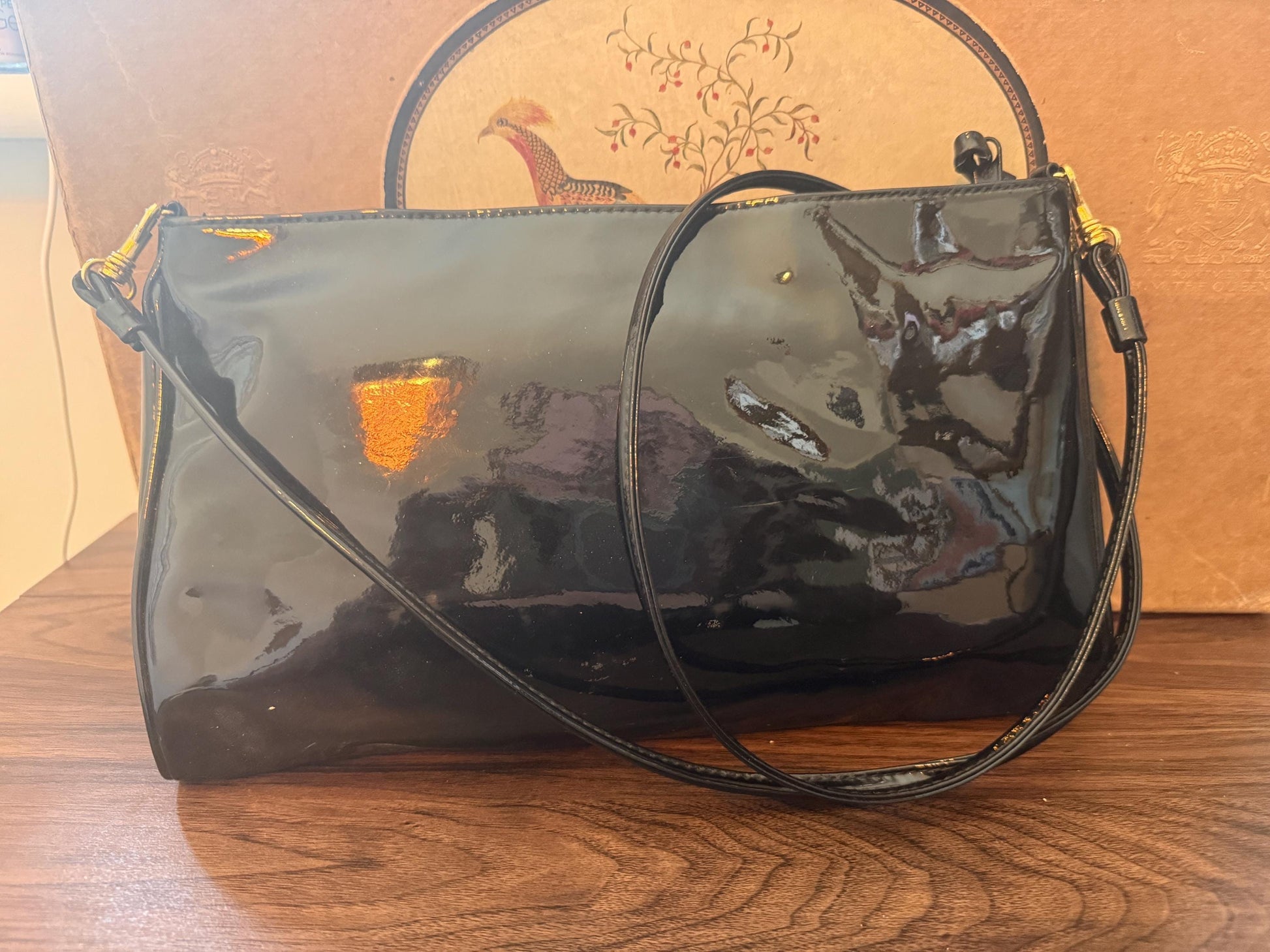 Vintage 1980s Debenhams Classics Black Patent Shoulder Bag – Glossy Evening Handbag