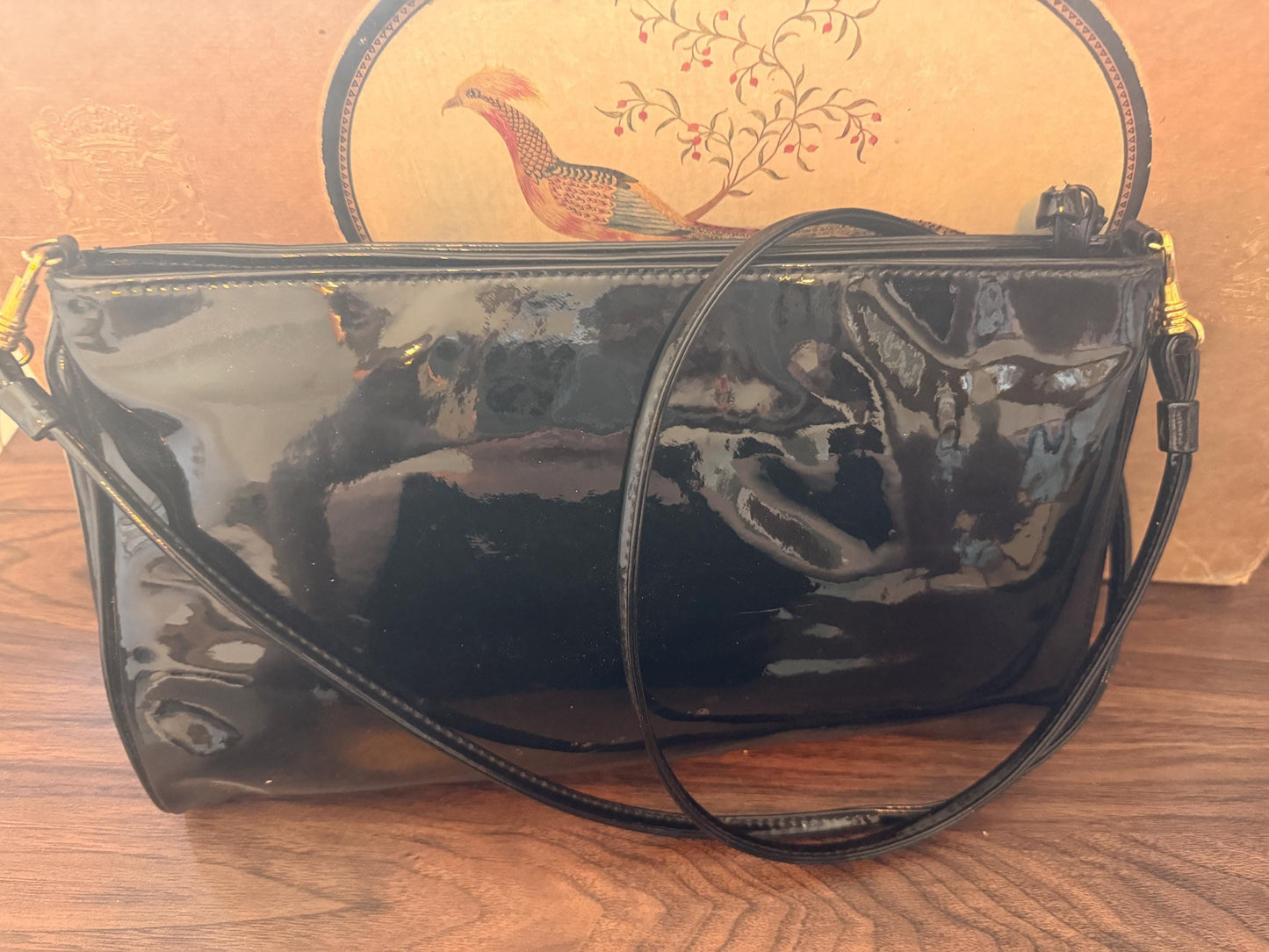 Vintage 1980s Debenhams Classics Black Patent Shoulder Bag – Glossy Evening Handbag