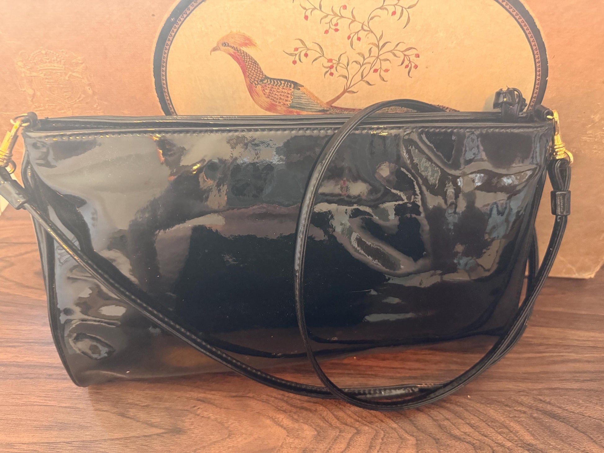 Vintage 1980s Debenhams Classics Black Patent Shoulder Bag – Glossy Evening Handbag