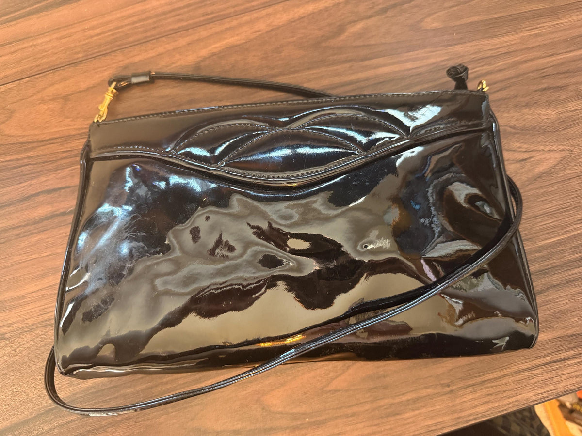 Vintage 1980s Debenhams Classics Black Patent Shoulder Bag – Glossy Evening Handbag