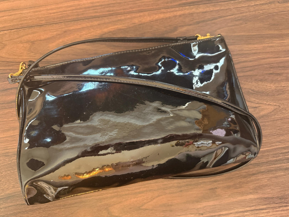 Vintage 1980s Debenhams Classics Black Patent Shoulder Bag – Glossy Evening Handbag