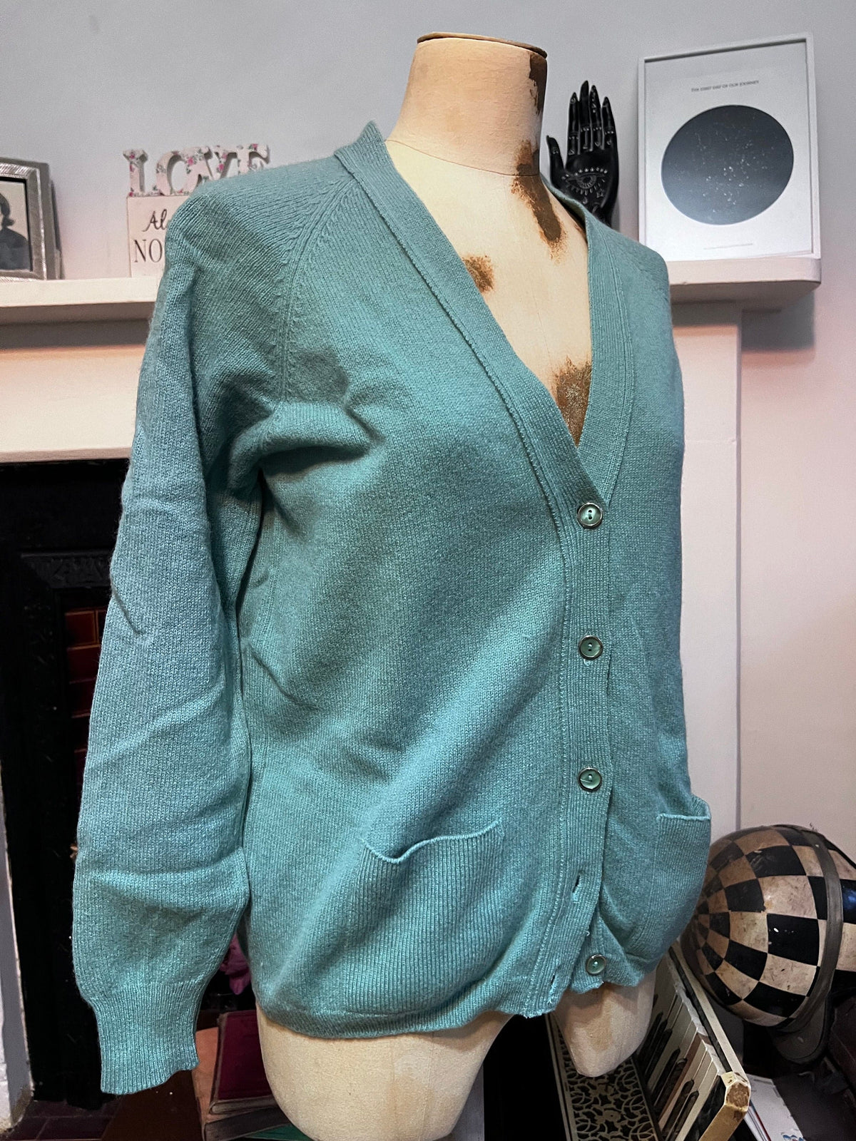 Vintage 1980s Duck Egg Blue Cardigan | V-Neck Knit, Tonal Buttons, Patch Pockets