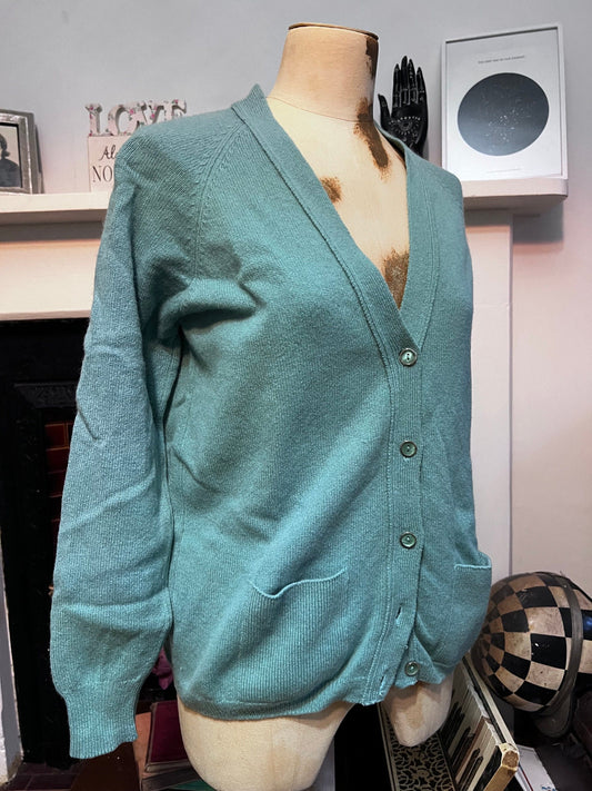 Vintage 1980s Duck Egg Blue Cardigan | V-Neck Knit, Tonal Buttons, Patch Pockets