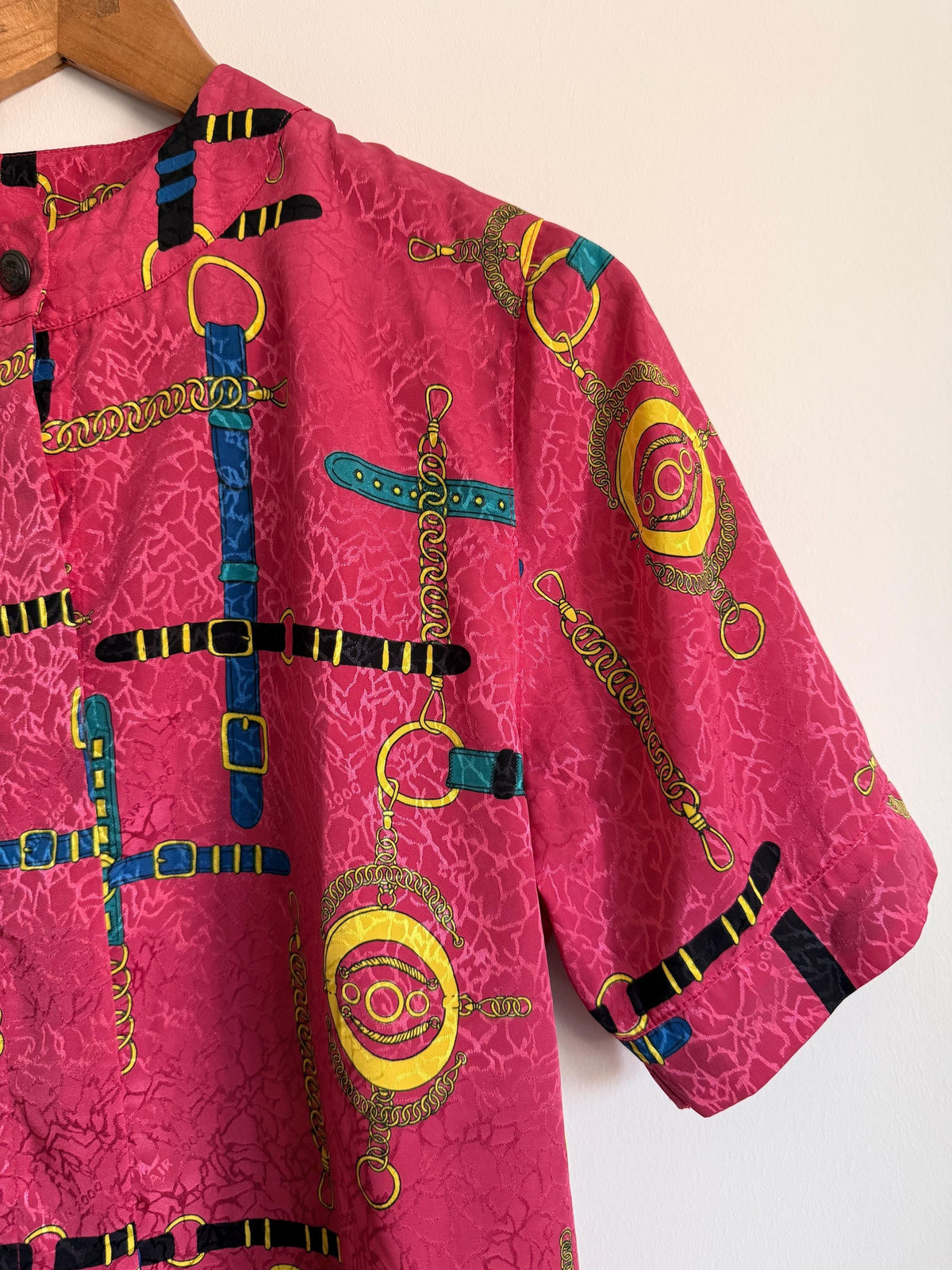 Vintage Pink Equestrian Print Blouse | Horse Bit Chain Print Top | 1980s Statement Blouse | Retro Pink Blouse | UK 14