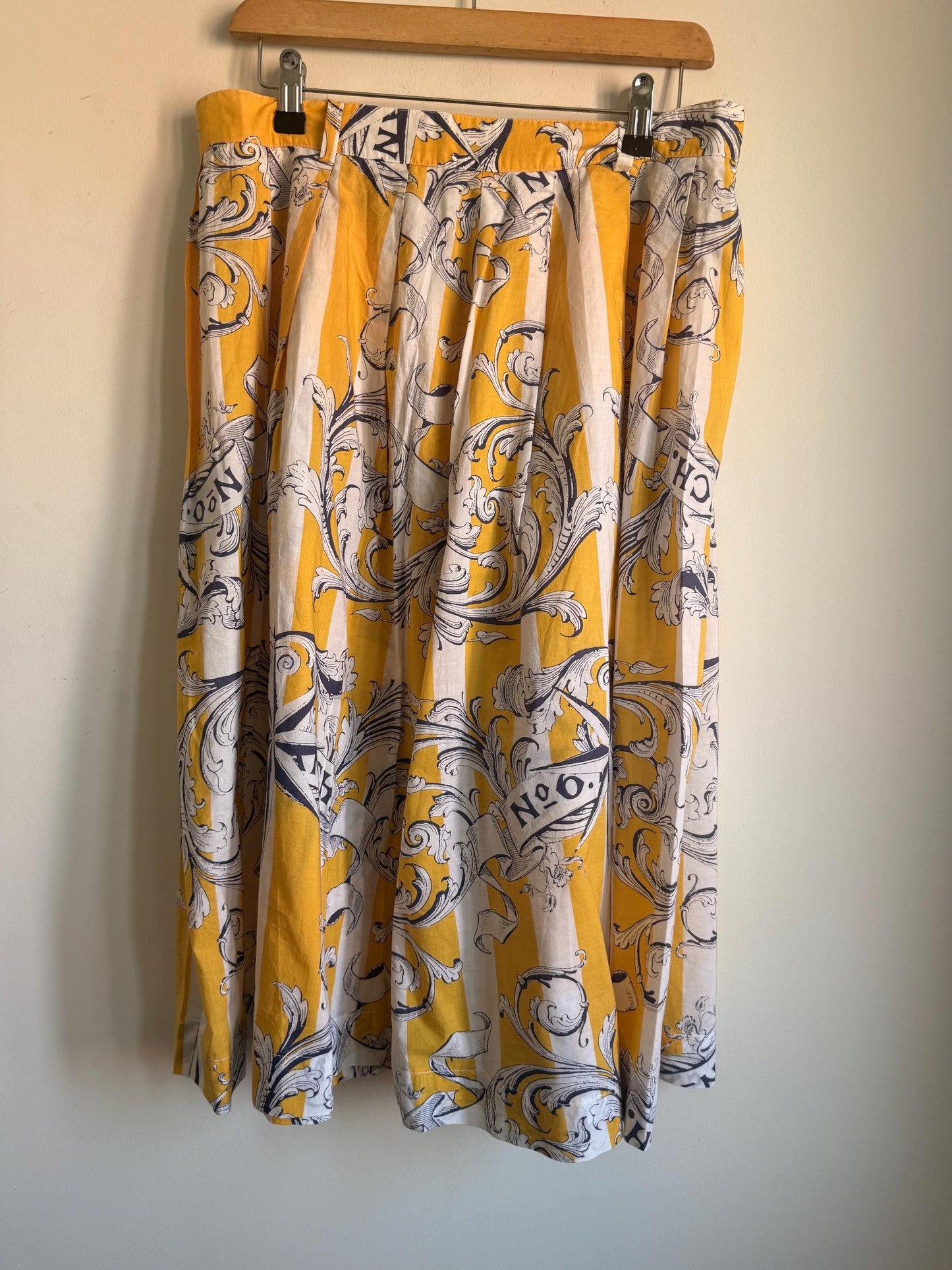 Vintage 1980s Jaeger Two Piece Skirt & Blouse Set – Yellow Nautical Print Cotton Co-ord – UK 10–12