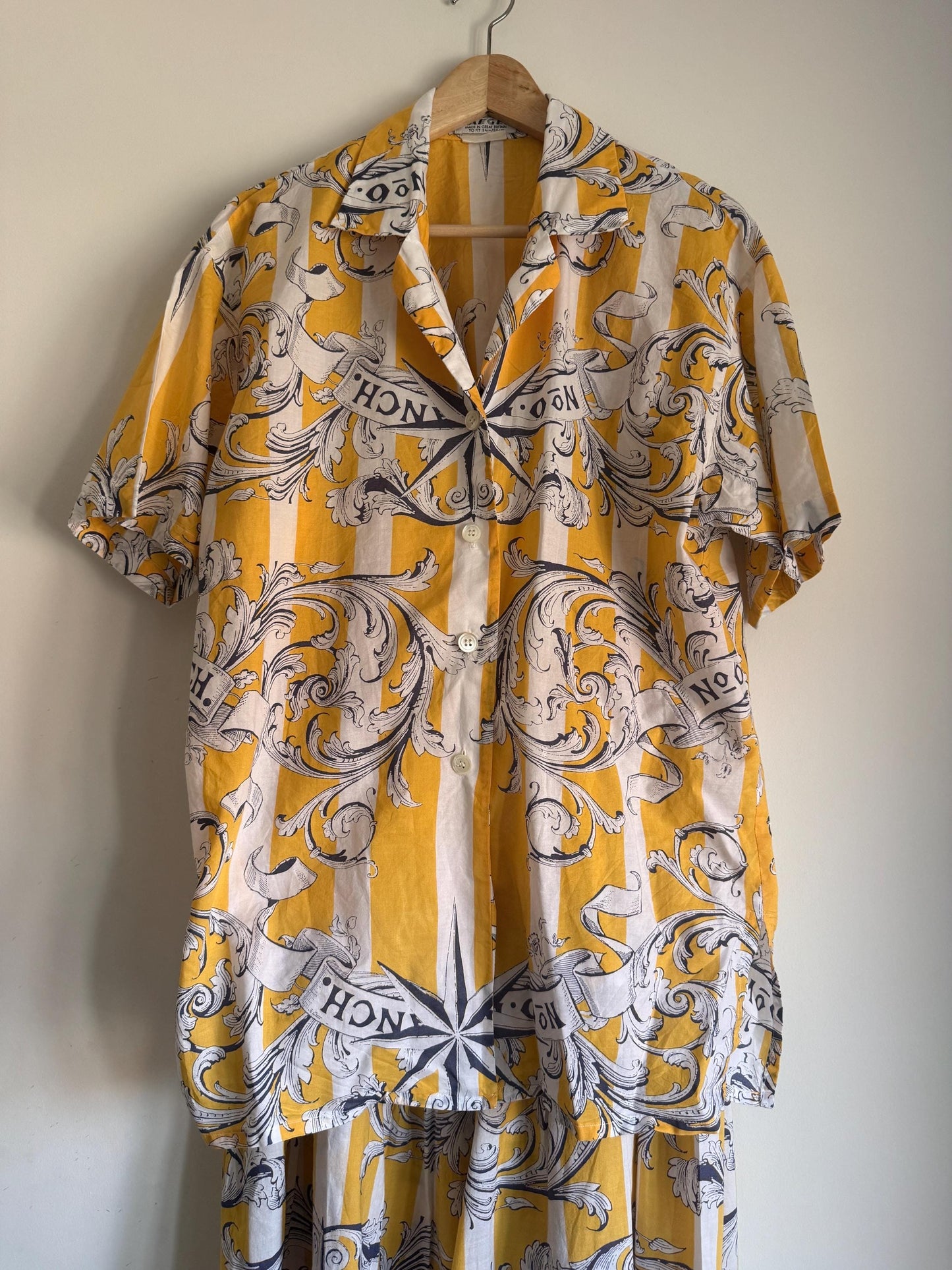 Vintage 1980s Jaeger Two Piece Skirt & Blouse Set – Yellow Nautical Print Cotton Co-ord – UK 10–12