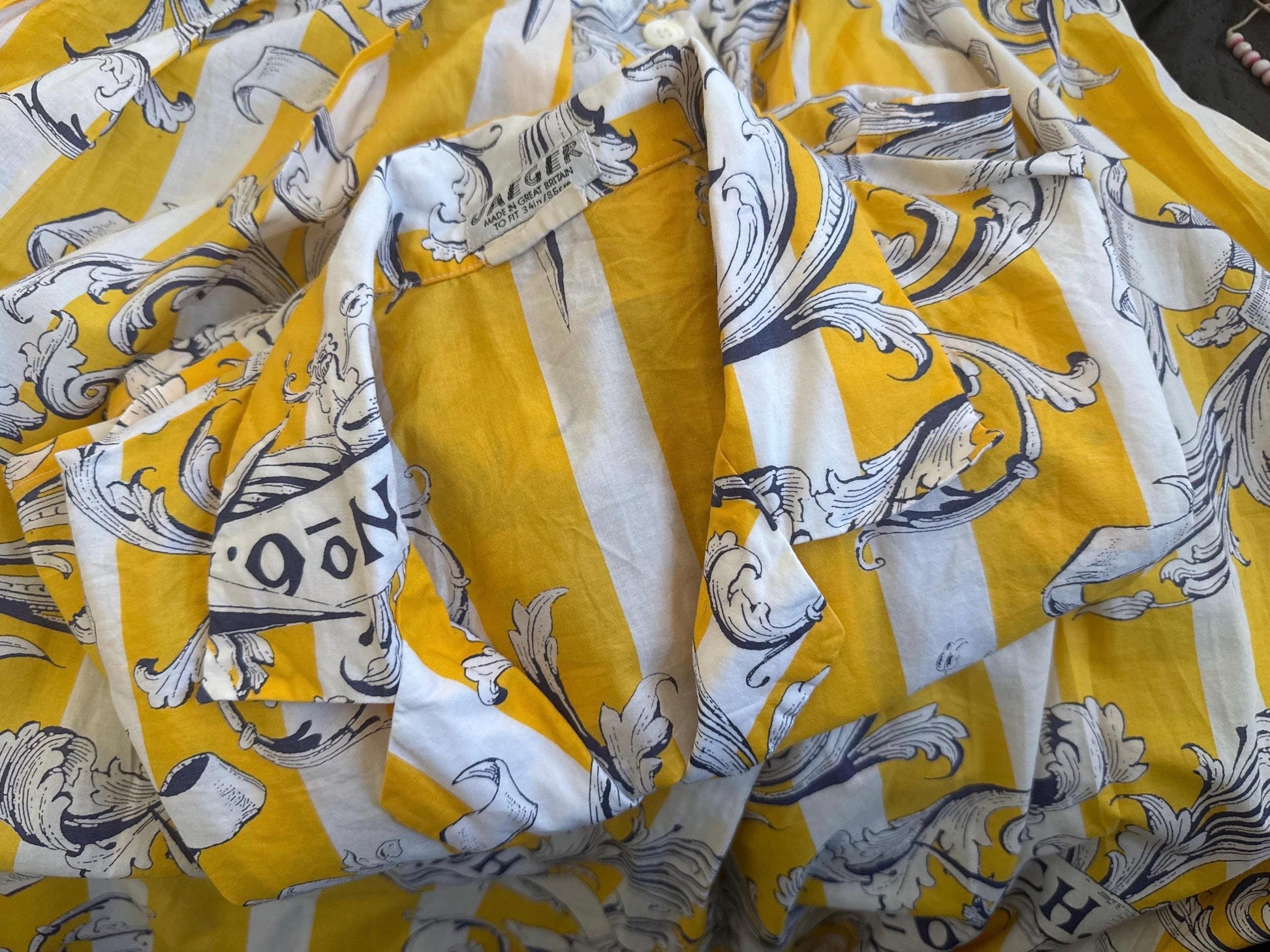 Vintage 1980s Jaeger Two Piece Skirt & Blouse Set – Yellow Nautical Print Cotton Co-ord – UK 10–12