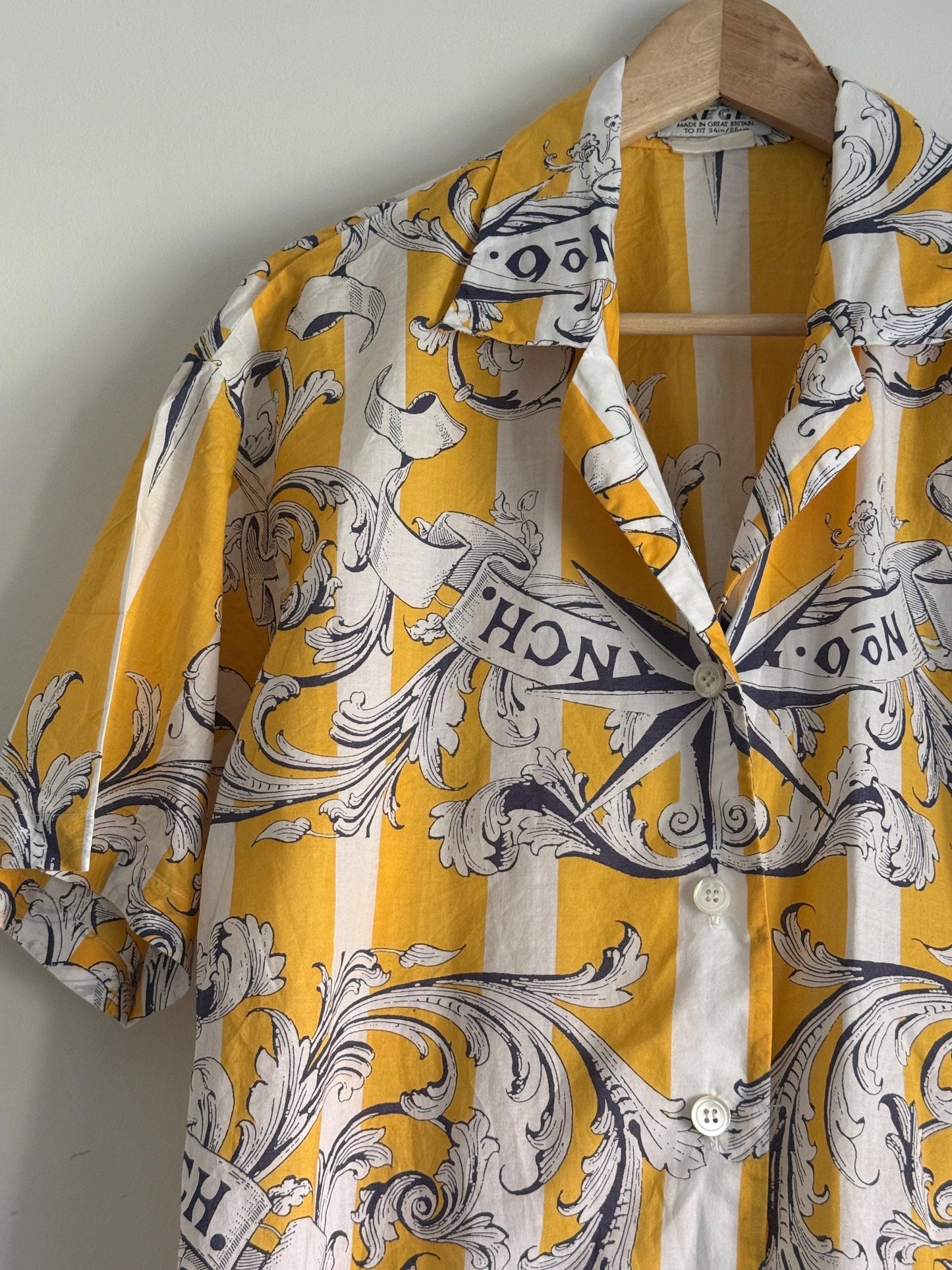 Vintage 1980s Jaeger Two Piece Skirt & Blouse Set – Yellow Nautical Print Cotton Co-ord – UK 10–12