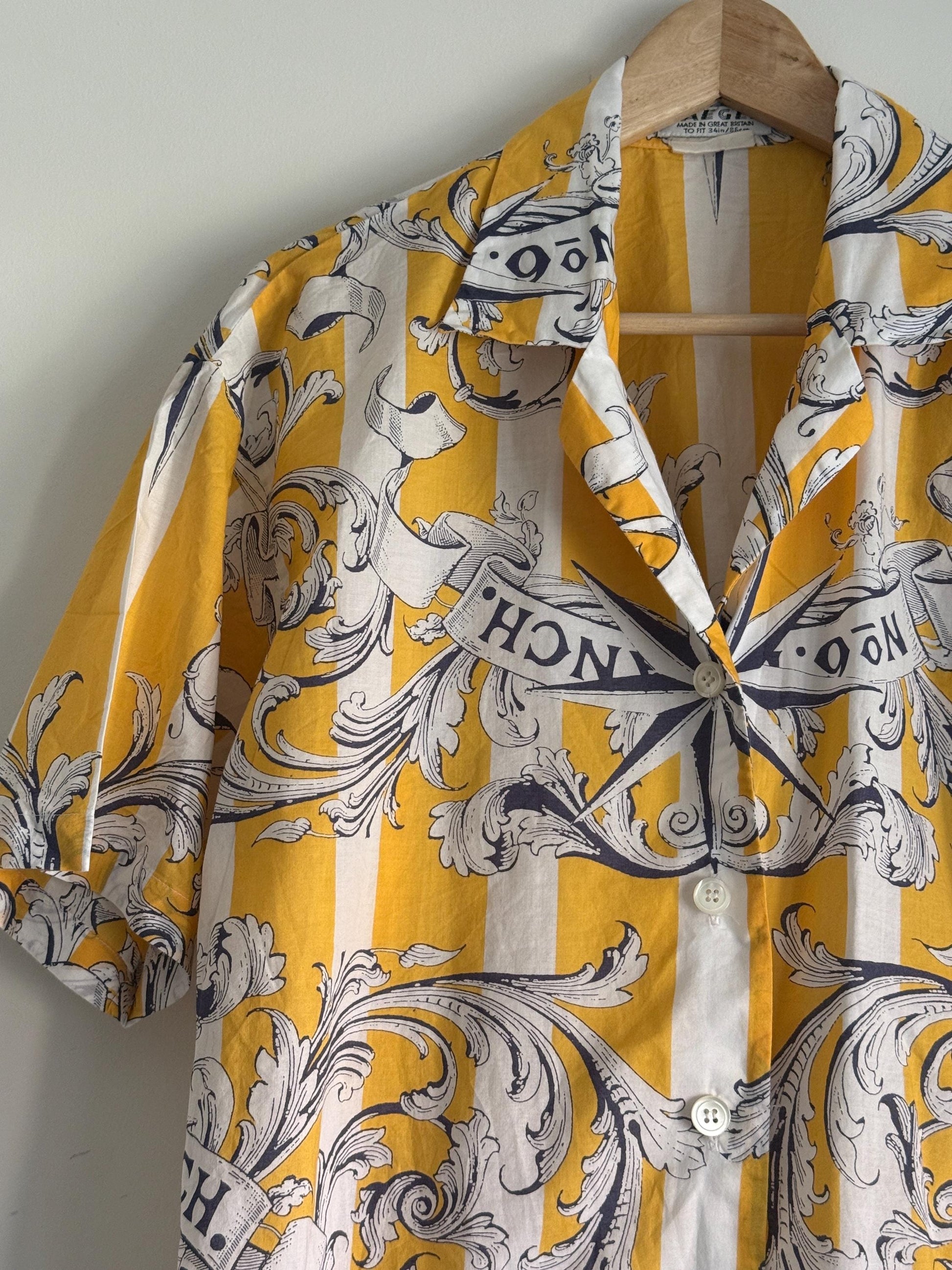 Vintage 1980s Jaeger Two Piece Skirt & Blouse Set – Yellow Nautical Print Cotton Co-ord – UK 10–12