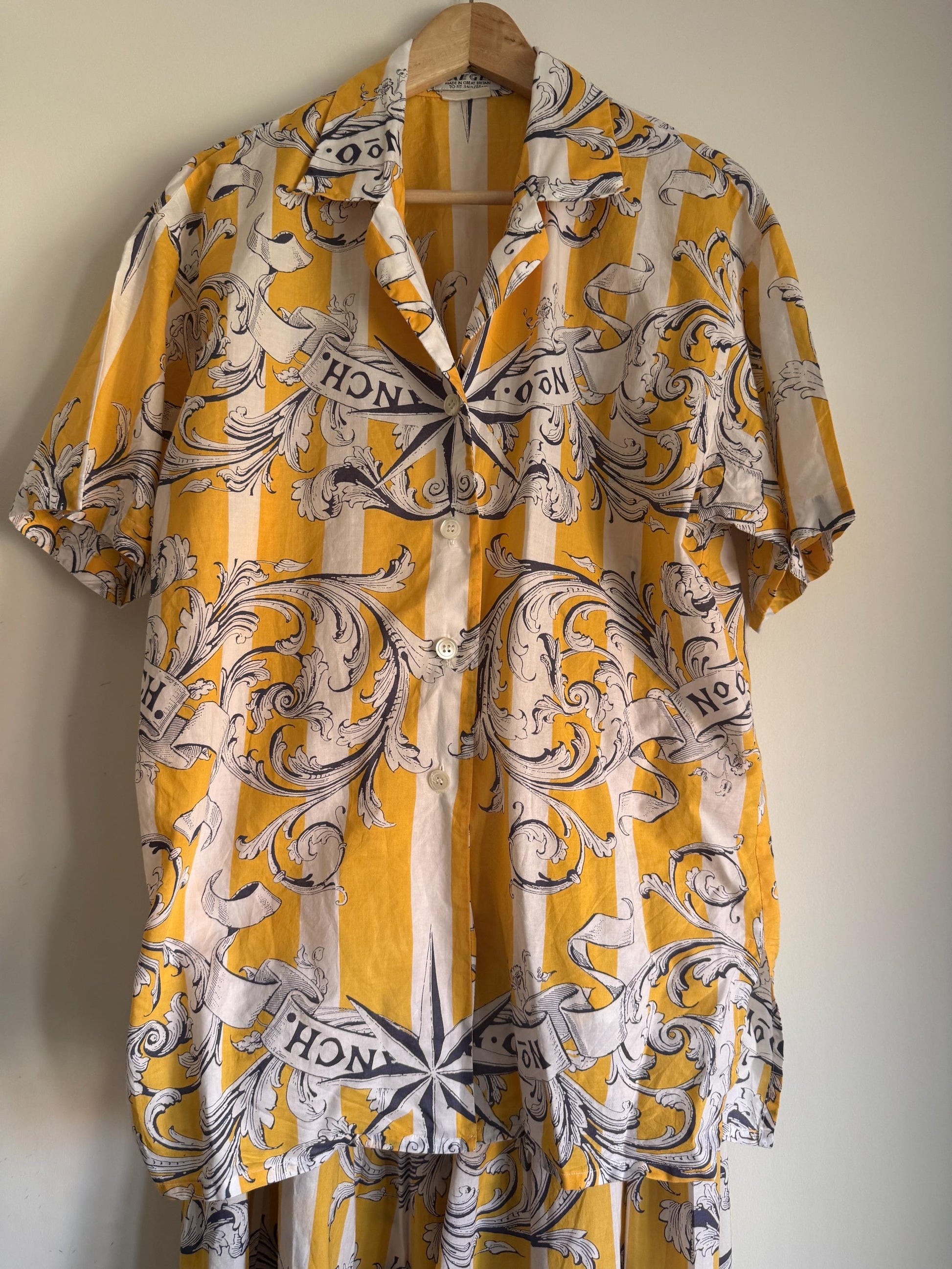 Vintage 1980s Jaeger Two Piece Skirt & Blouse Set – Yellow Nautical Print Cotton Co-ord – UK 10–12