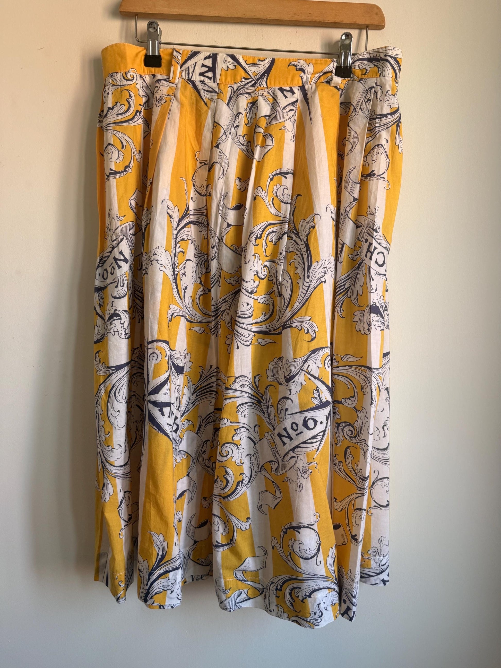 Vintage 1980s Jaeger Two Piece Skirt & Blouse Set – Yellow Nautical Print Cotton Co-ord – UK 10–12