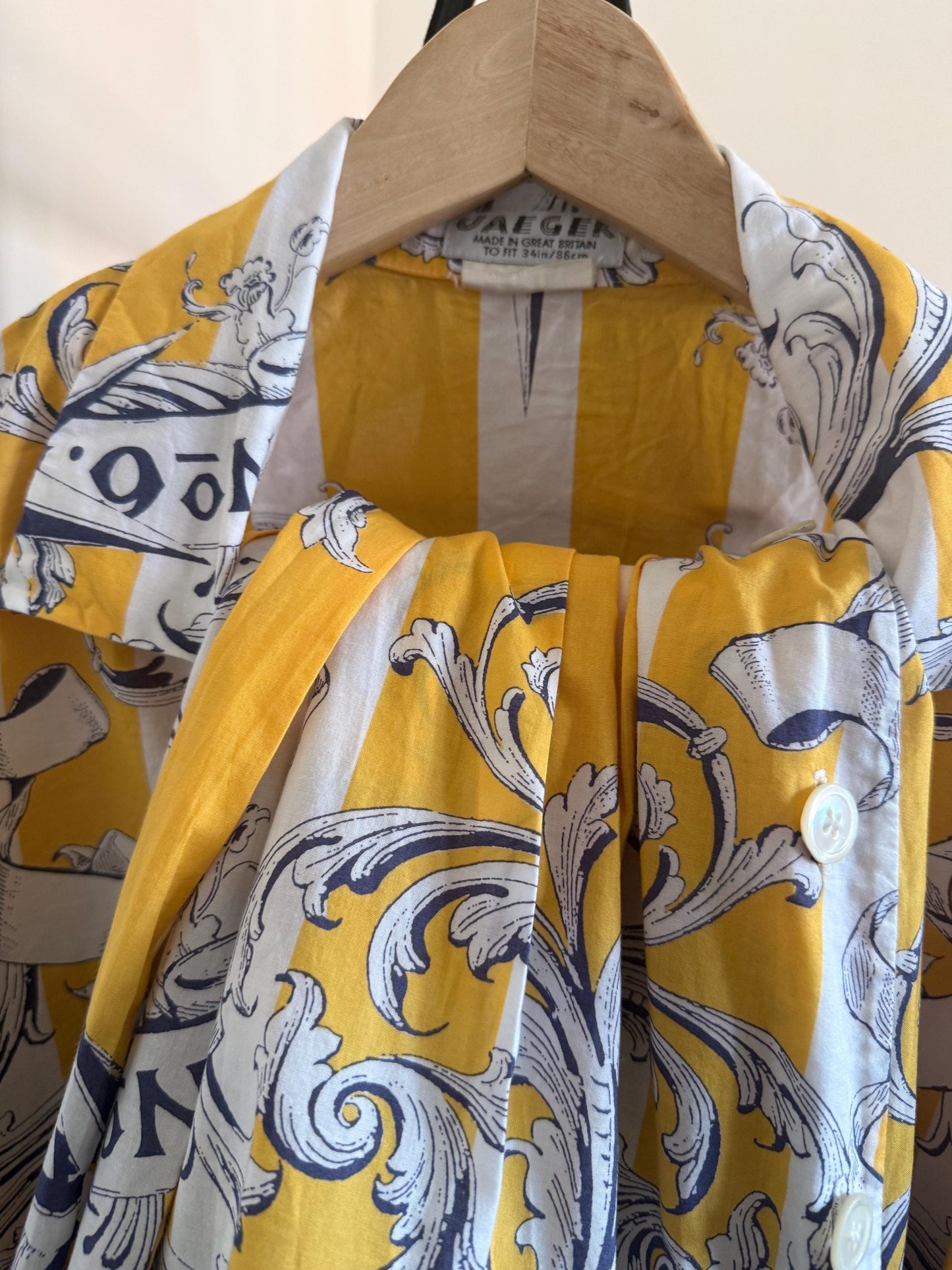 Vintage 1980s Jaeger Two Piece Skirt & Blouse Set – Yellow Nautical Print Cotton Co-ord – UK 10–12