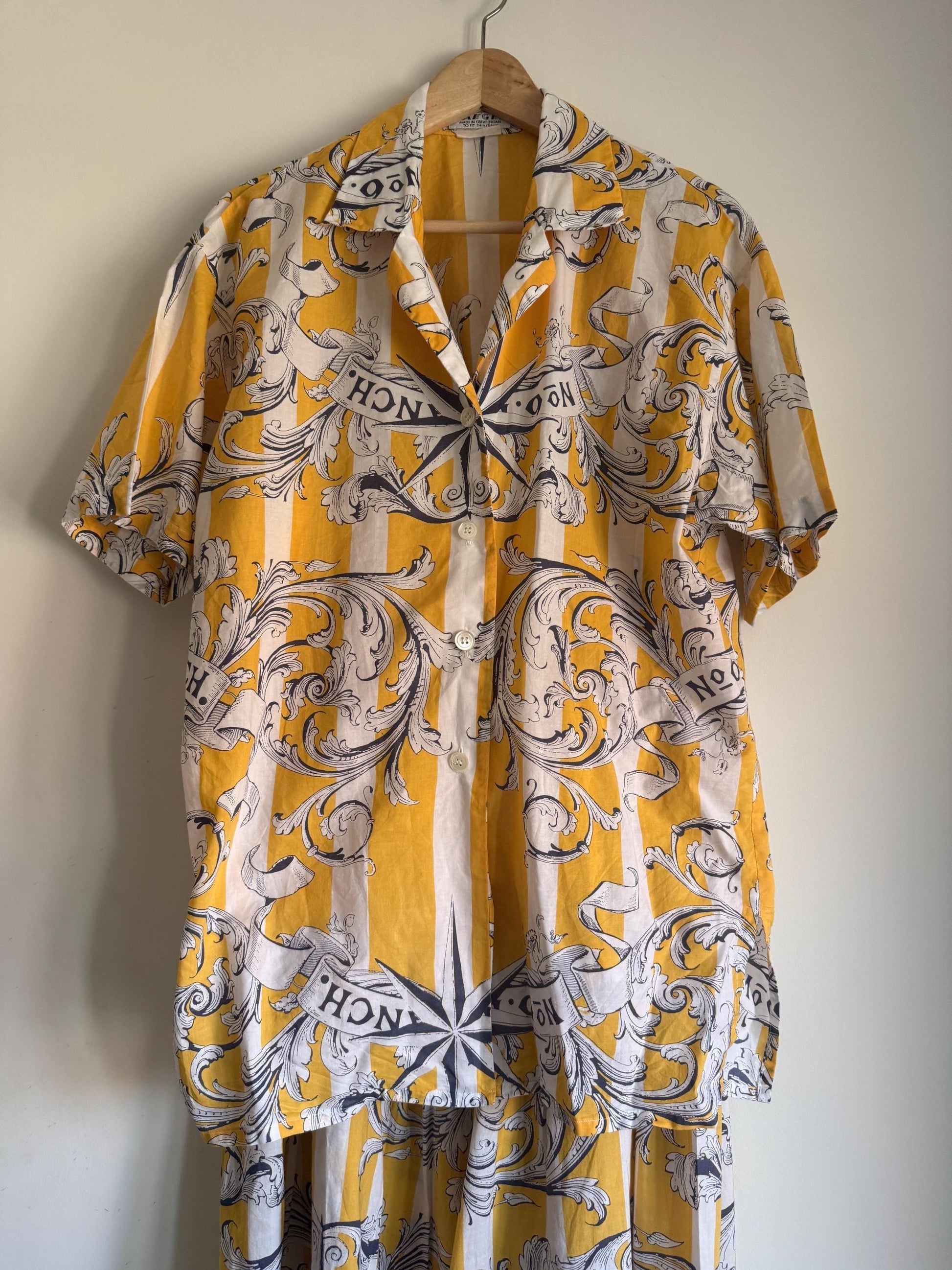Vintage 1980s Jaeger Two Piece Skirt & Blouse Set – Yellow Nautical Print Cotton Co-ord – UK 10–12