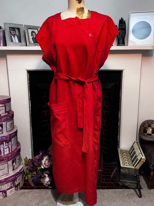 Vintage 1980s red linen asymmetrical dress vintage - Day Dress button through patch pocket UK16 red dress, vintage clothing, red dress