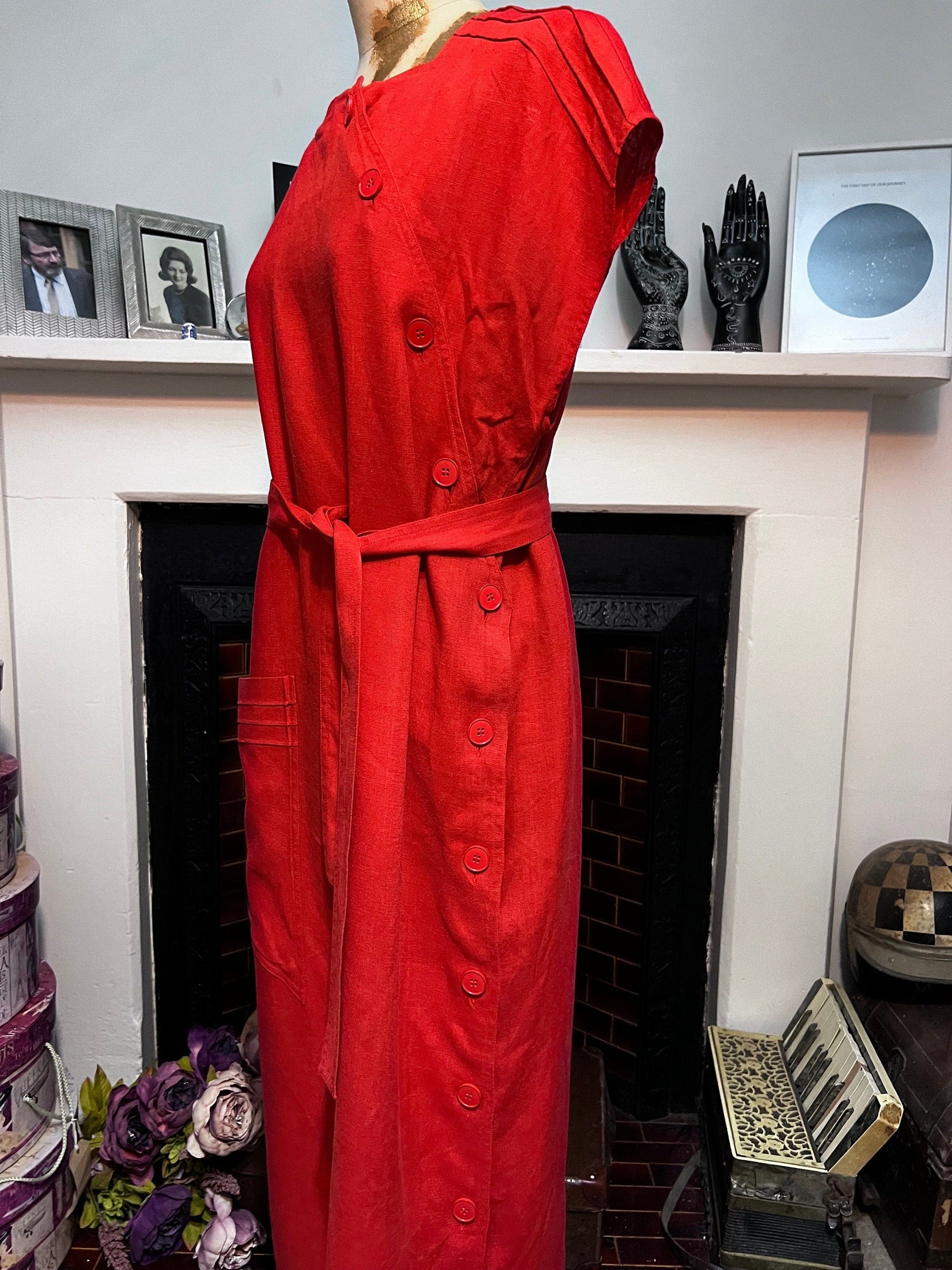 Vintage 1980s red linen asymmetrical dress vintage - Day Dress button through patch pocket UK16 red dress, vintage clothing, red dress
