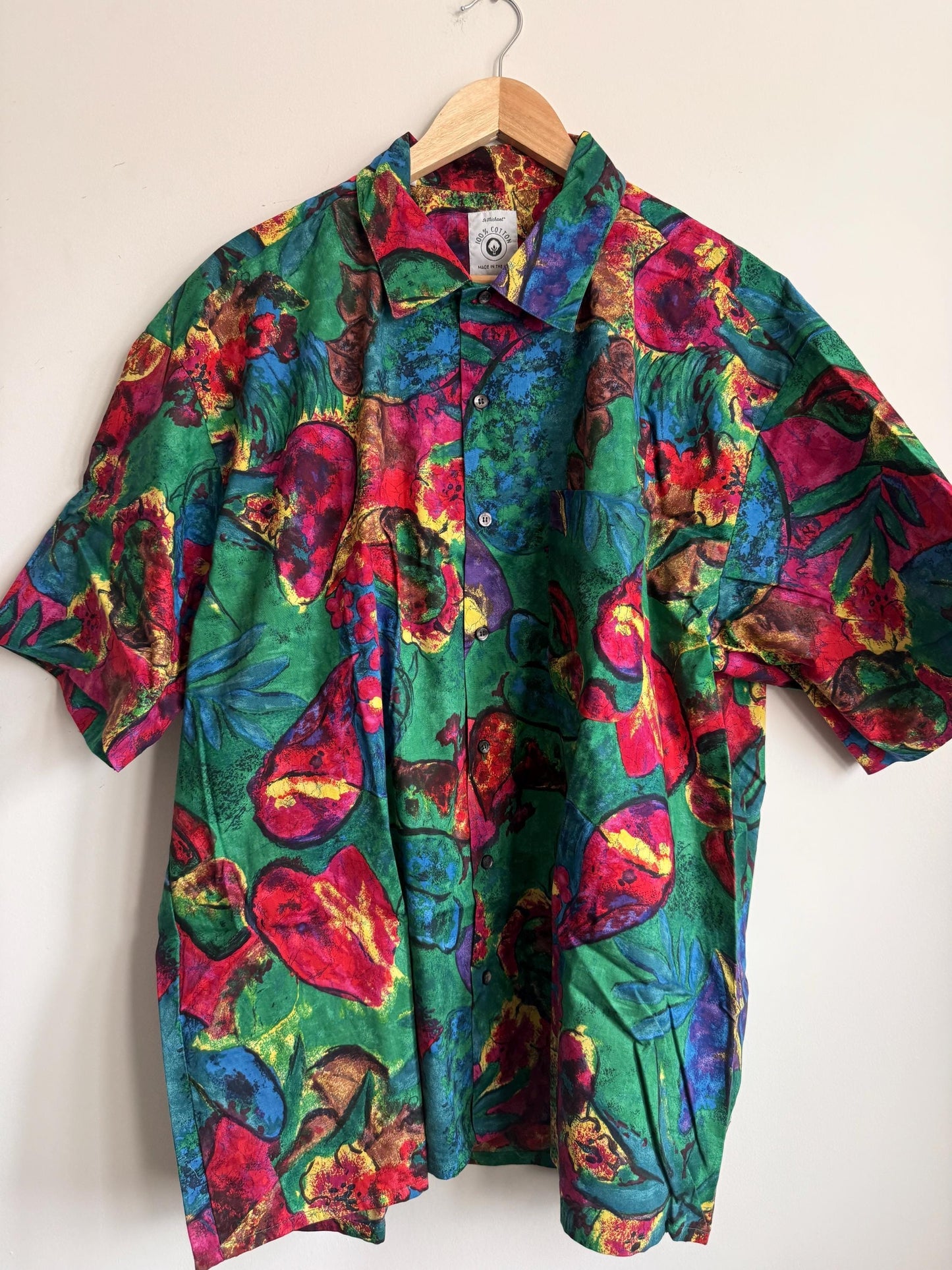 Vintage 1980s St Michael Men’s Shirt Made in UK 100% Cotton Abstract Floral Green Short Sleeve